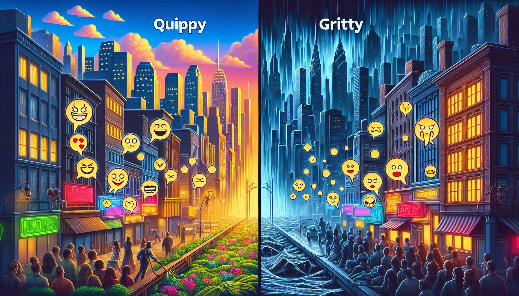 Visualize the contrast between quippy and gritty dialogue in action films. On one side, represent quippy dialogue as a scene filled with vibrant, modern cityscapes with speech bubbles containing humorous, light-hearted symbol-representations. On the other side, represent gritty dialogue as a darker, more intense urban scene with speech bubbles containing heavy, dramatic symbol-representations. Both the scenes should be depicted in a photorealistic style.