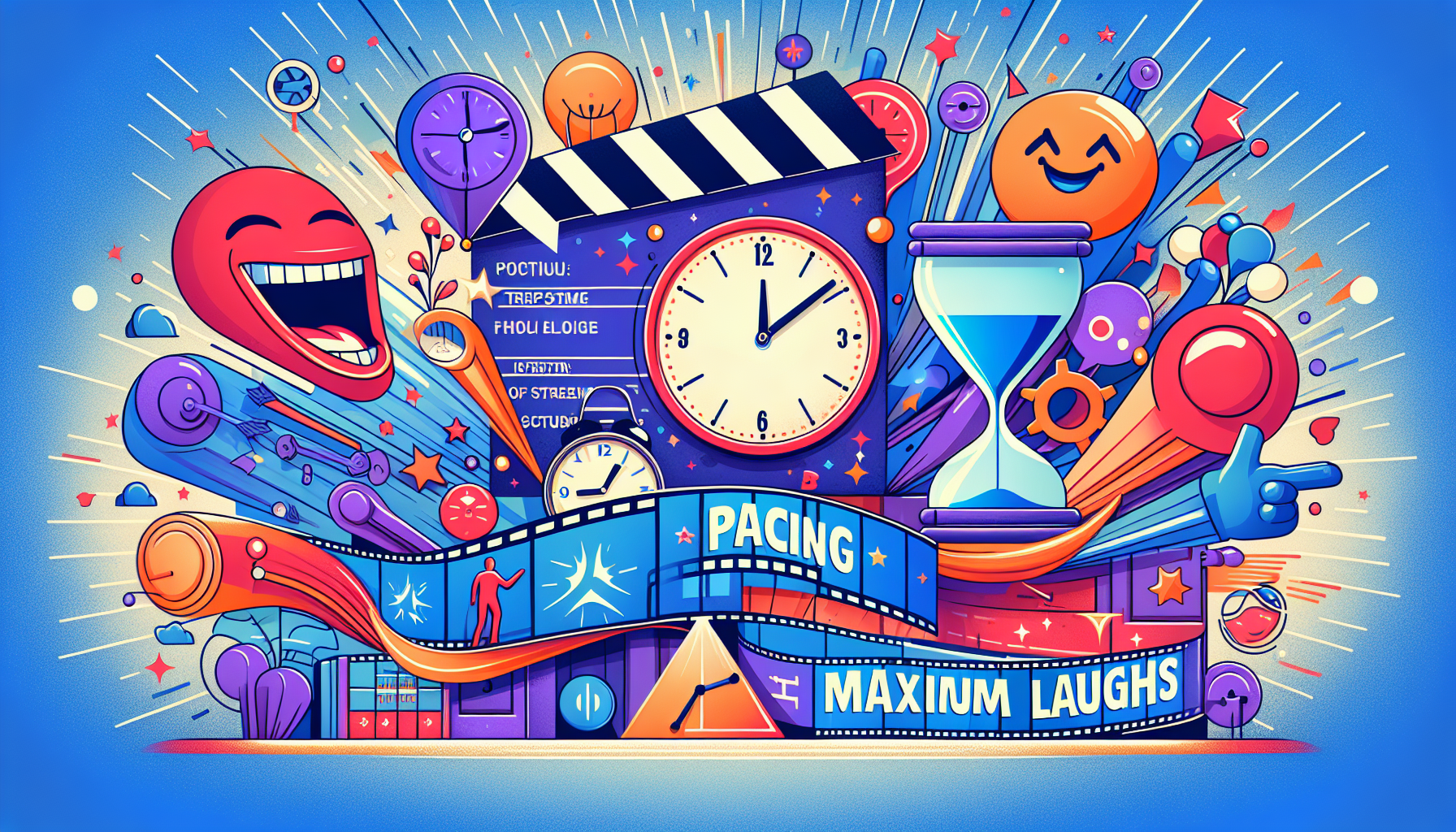 Create a modern and vibrant illustration that interprets the concept of 'Pacing for Maximum Laughs' in a comedy screenplay. This should include visual symbols of time, such as clocks or hourglasses, as well as comedic elements like oversized laughter bubbles integrated into a dynamic sequence. Depict a backdrop suggestive of a screenplay or film reel to tie the elements together, highlighting the keen interplay of timing and comedy. It should be devoid of any text.