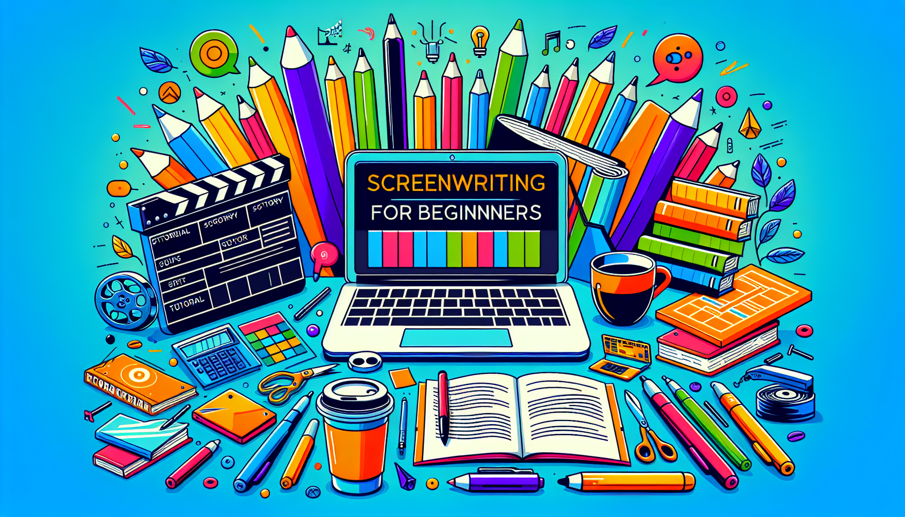 Create a colorful and modern digital illustration showcasing free screenwriting resources for beginners. The image should contain a desktop with a laptop and screenplay, different colored pens on the side, tutorial books, a storyboard with various shots highlighted, a cup of coffee, and a clapperboard, all set against a vibrant backdrop. Ensure it is intuitive and easy to understand. Note: This image should not contain any text.