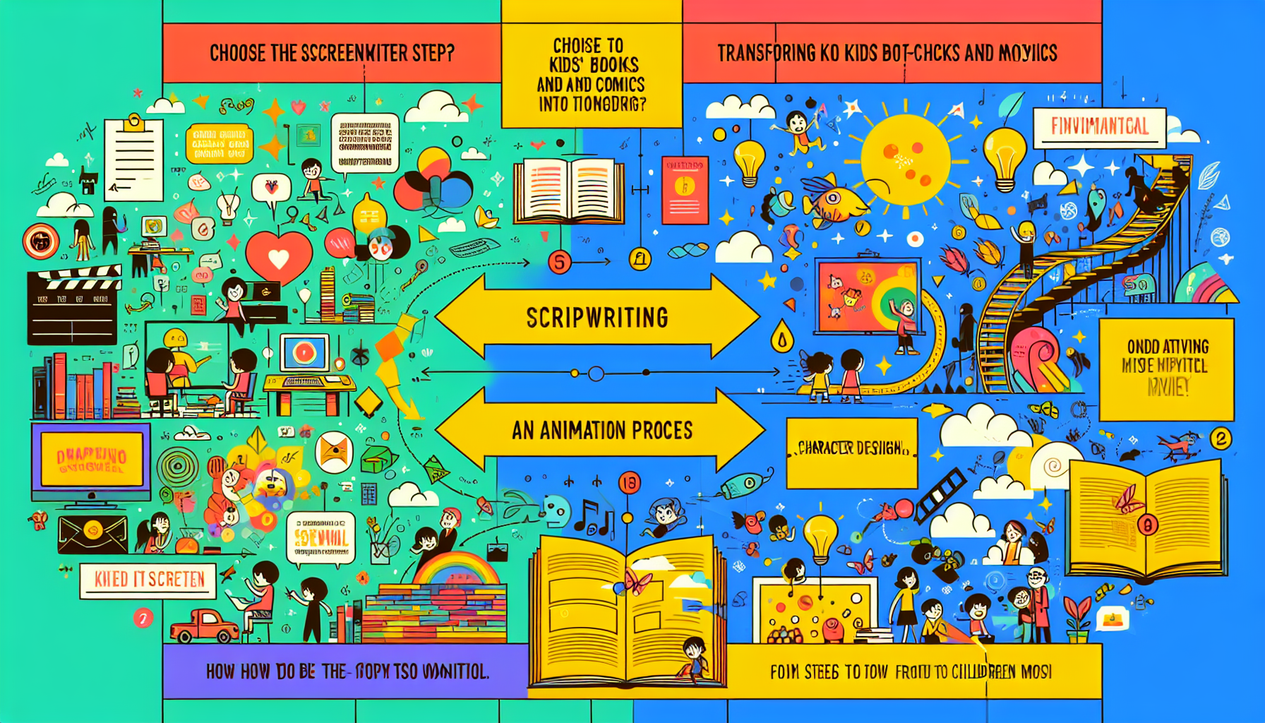 A vibrant and contemporary visual representation of a screenwriter's guide on the process of transforming kids' books and comics into animated movies. The graphic should illustrate fundamental steps such as choosing the source material, scriptwriting, character design, and animation process, all in a playful and visually engaging manner suitable for a children's audience. The overall theme should be light-hearted and inspiring, showing the magical journey of a story from page to screen. Remember, the guide should be entirely visual without any text.
