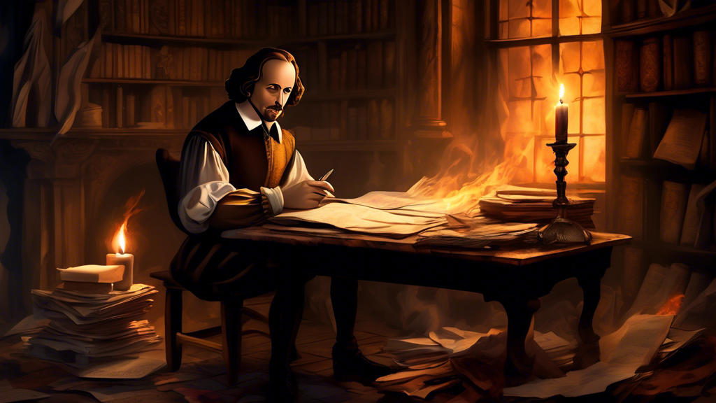 An artist's imaginative depiction of William Shakespeare sitting thoughtfully with a quill in hand in his study, surrounded by unfinished manuscripts, a burning candle, and a shadowy figure in the background that symbolizes the mysteries of his life and the longing for a genuine biopic.