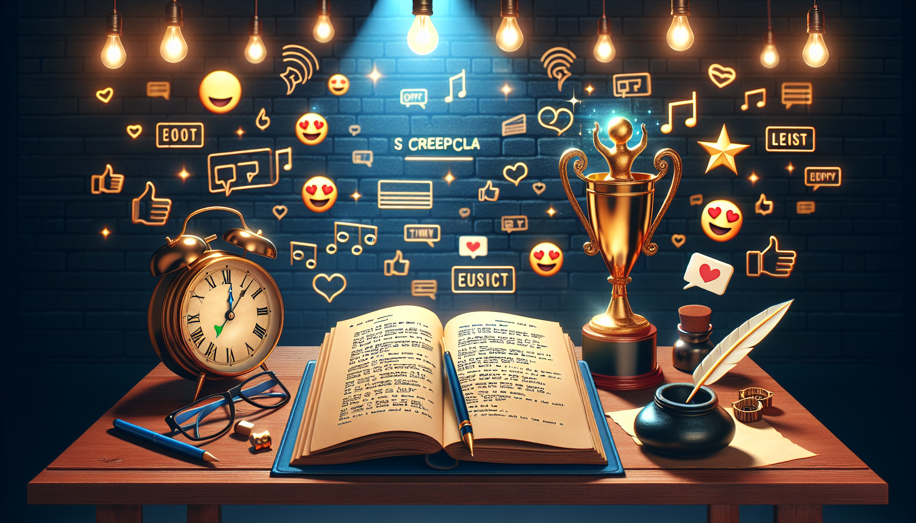 An illustration representing the concept of a successful script: an open screenplay book on a wooden desk with highlighted dialogue, a shining golden trophy representing victory nearby, a glowing quill with ink pot implying the process of creative writing, a ticking vintage clock symbolizing time and effort, and a cloud of positive emojis hovering above the setup showcasing audience love and acceptance. Set in the ambiance of a dimly lit room.