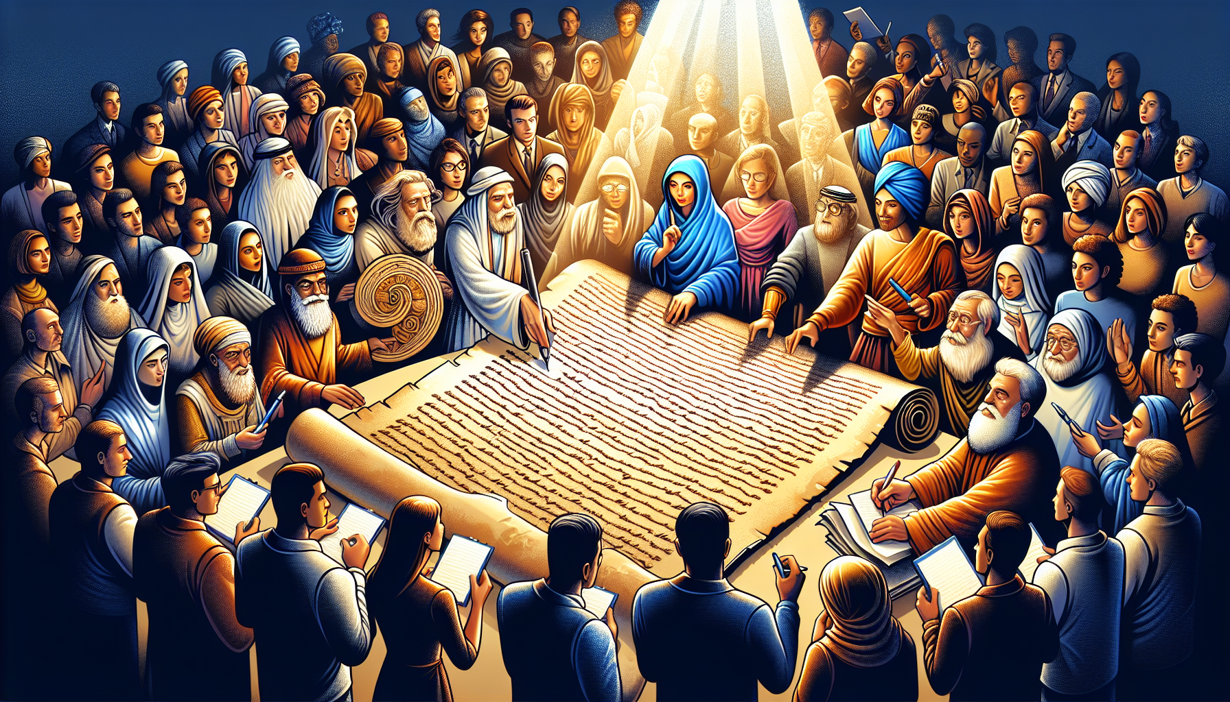 A vibrant digital artwork displaying an array of people from different historical eras and various backgrounds gathered around a large, ancient manuscript under a spotlight, each one holding a pen, re