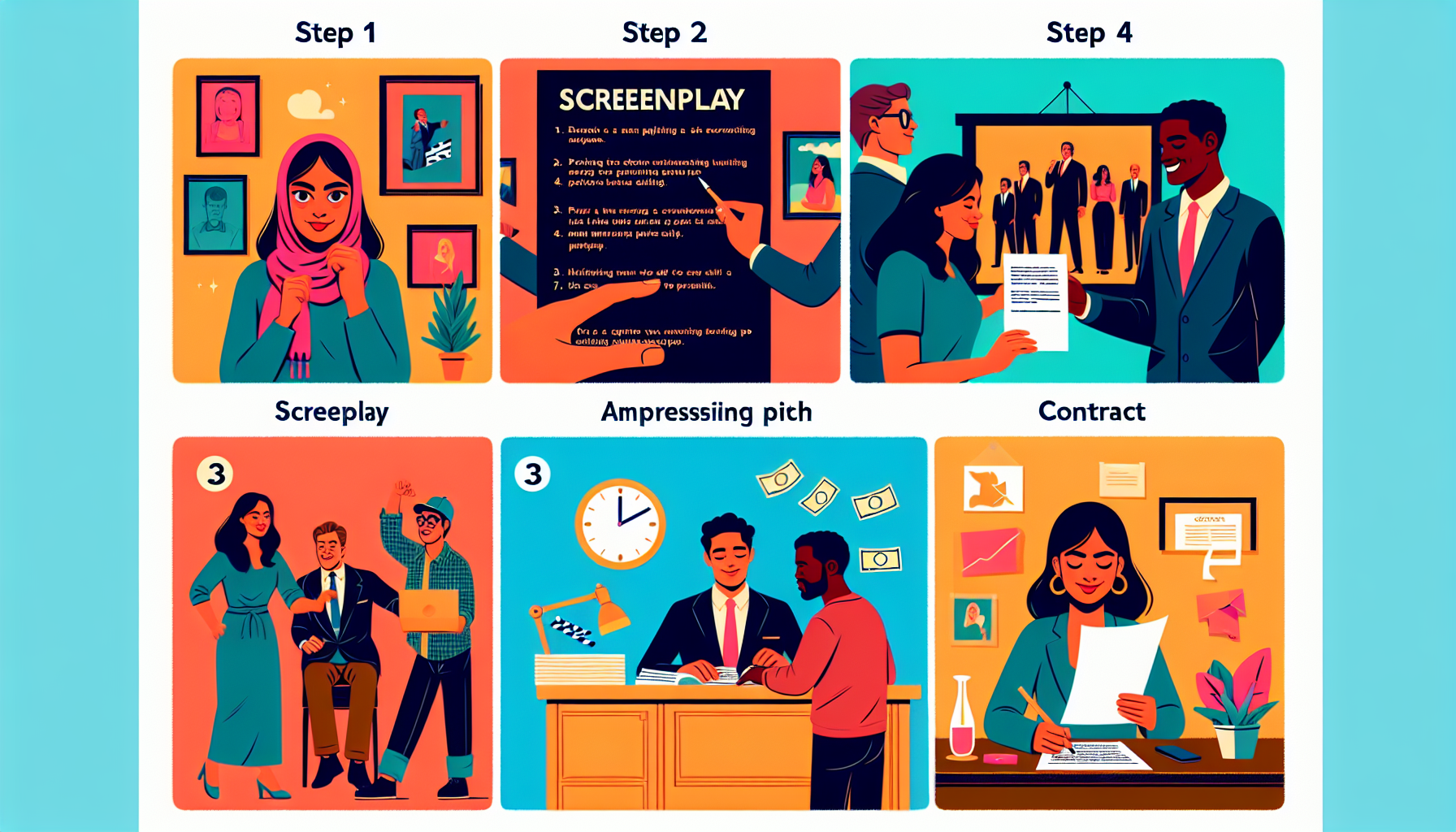 A modern, colorful, step-by-step visual guide chart demonstrating the process of successfully selling a screenplay. Step 1: Depict a female Middle-Eastern writer polishing a screenplay. Step 2: Showcase a Caucasian man preparing an impressive pitch. Step 3: Illustrate a South Asian woman presenting the pitch confidently to a potential buyer, a black gentleman. Step 4: Display a Hispanic man signing a contract on a screenplay deal. Step 5: Demonstrate an East Asian woman celebrating the successful sale of her screenplay.