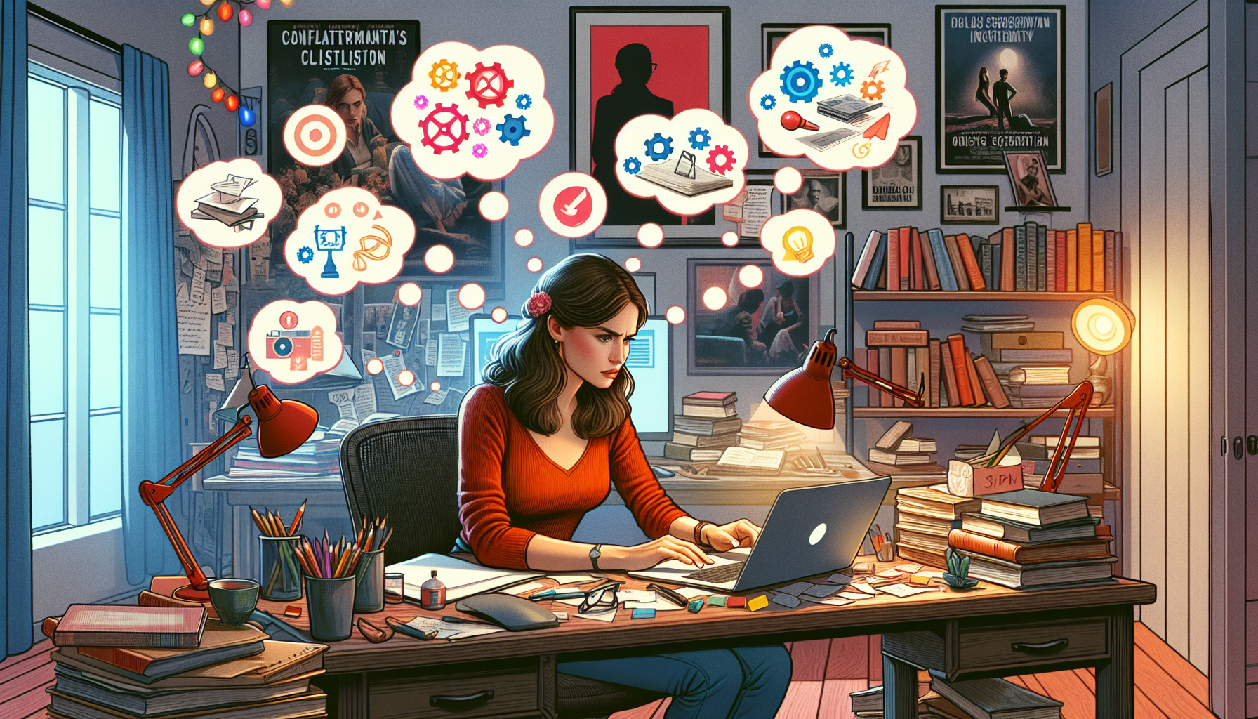 An imaginative digital painting of a screenwriter sitting in a cozy, cluttered study, surrounded by film posters and books, intensely focused on a glowing laptop, with visible thought bubbles containi