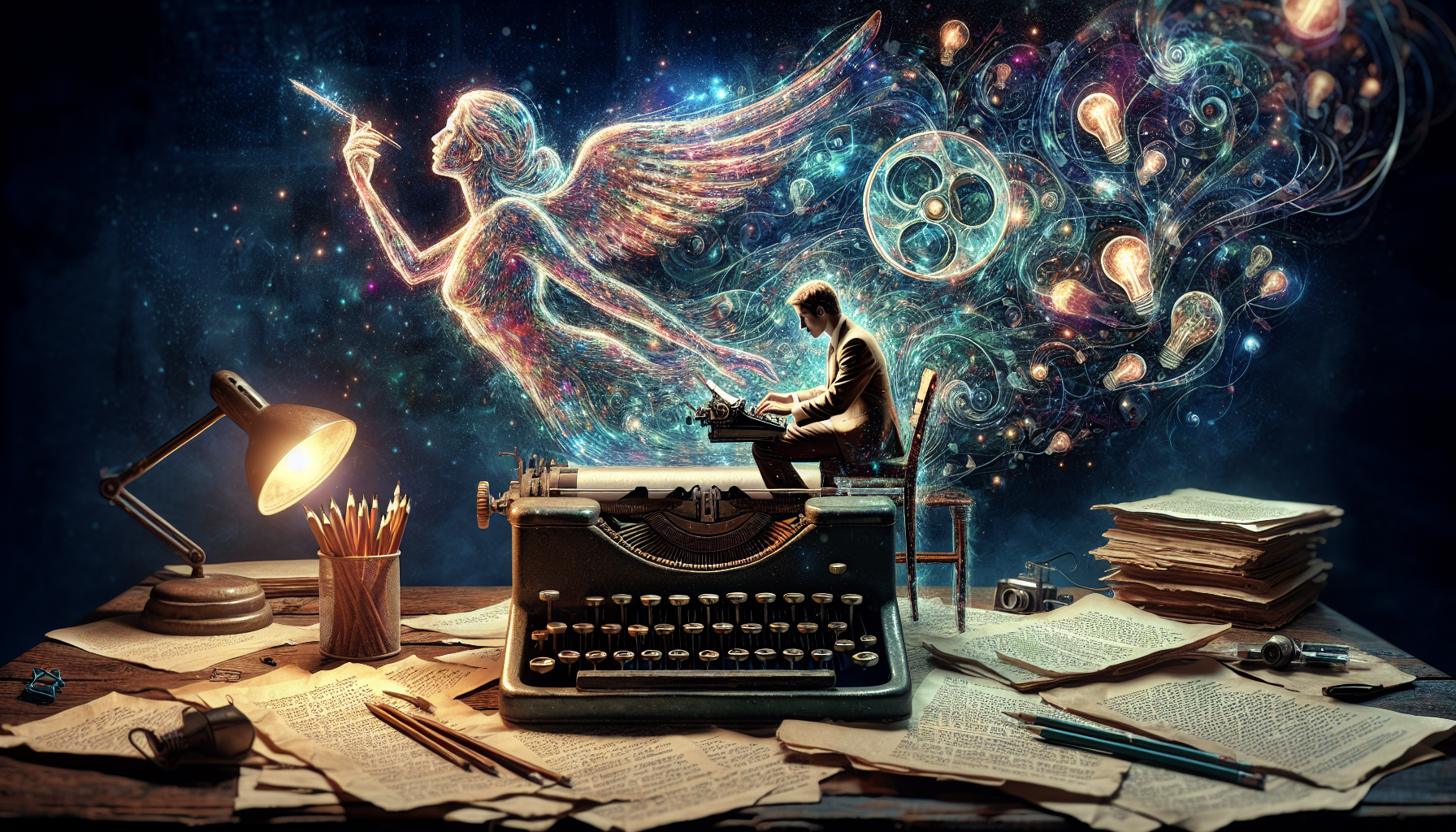 A vintage typewriter on an old wooden desk with scattered screenplay pages, in the background, a shimmering, translucent figure of a muse whispering ideas into the ear of a focused writer typing, surr