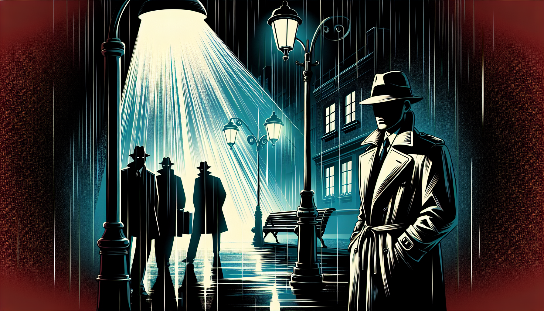 A moody, atmospheric illustration of a classic 1940s film noir scene, featuring a dimly lit, rain-slicked street, a trench-coated detective under a street lamp, and shadowy figures in the background,