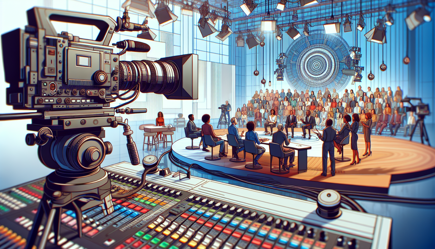 An image of a modern television studio bustling with activity, featuring the new ARRI ALEXA 35 camera mounted on a professional tripod front and center, with crew members operating various broadcast e