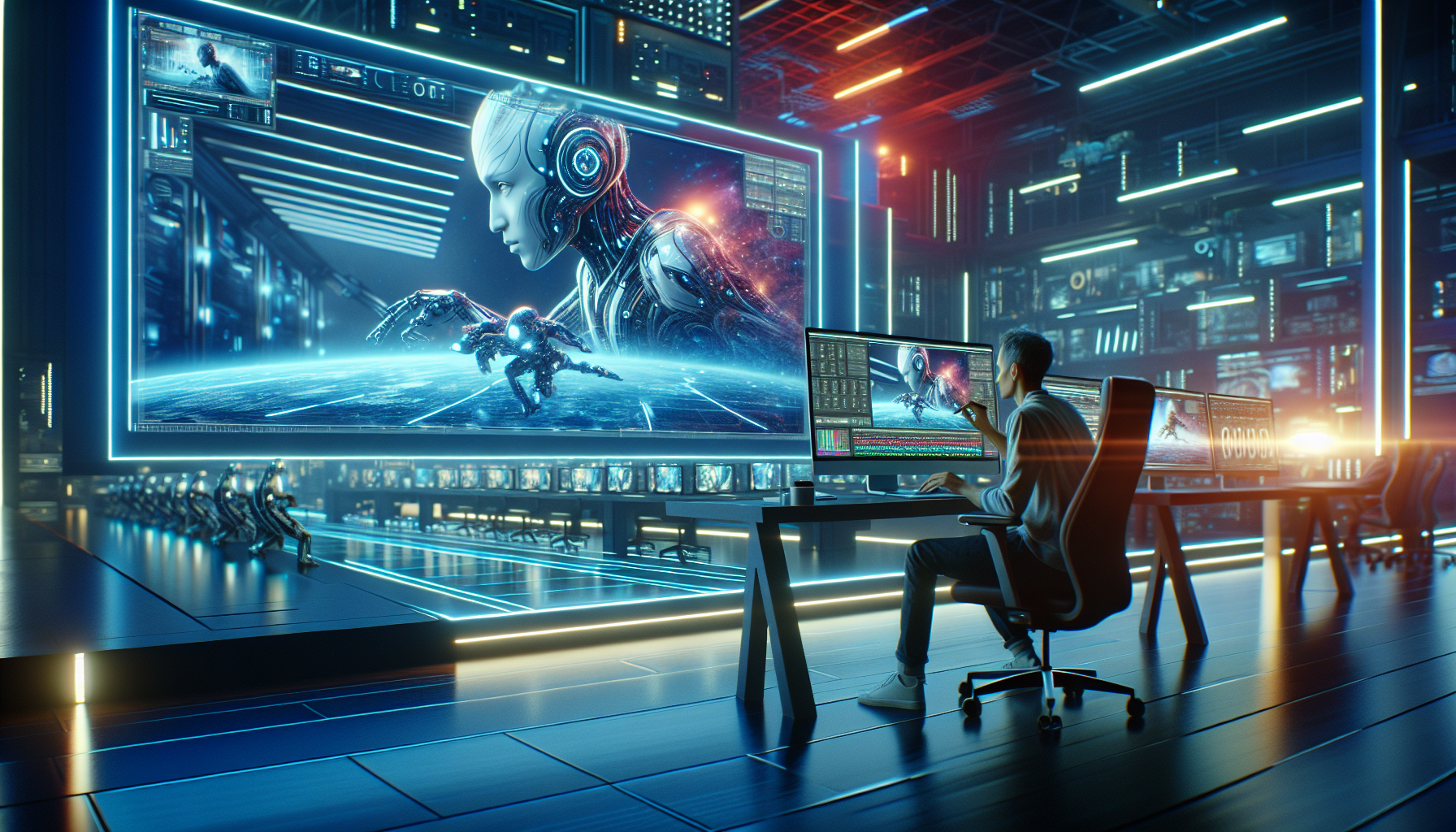 An artist using the latest Adobe Premiere Pro with generative AI tools to edit and enhance a futuristic sci-fi movie scene, displayed on a high-tech monitor in a sleek, modern workspace, surrounded by