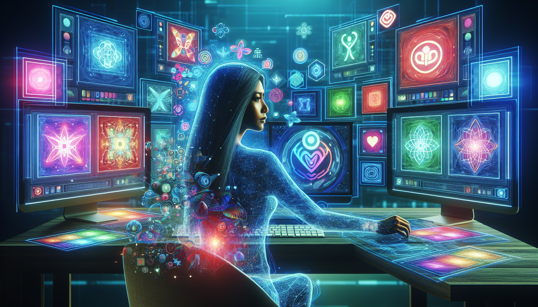 A digital artist sitting at a creative workstation with multiple screens displaying a variety of artistic videos and graphics, surrounded by floating symbols representing AI and technology, with the A