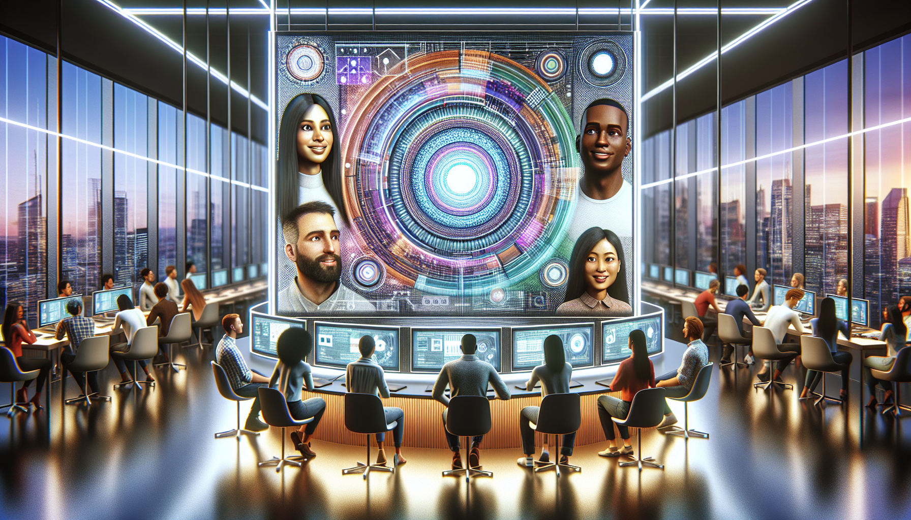 Digital artwork of a diverse group of people sitting around a large, futuristic computer screen displaying the Adobe logo, engaging interactively as AI algorithms animate their videos on the screen, i