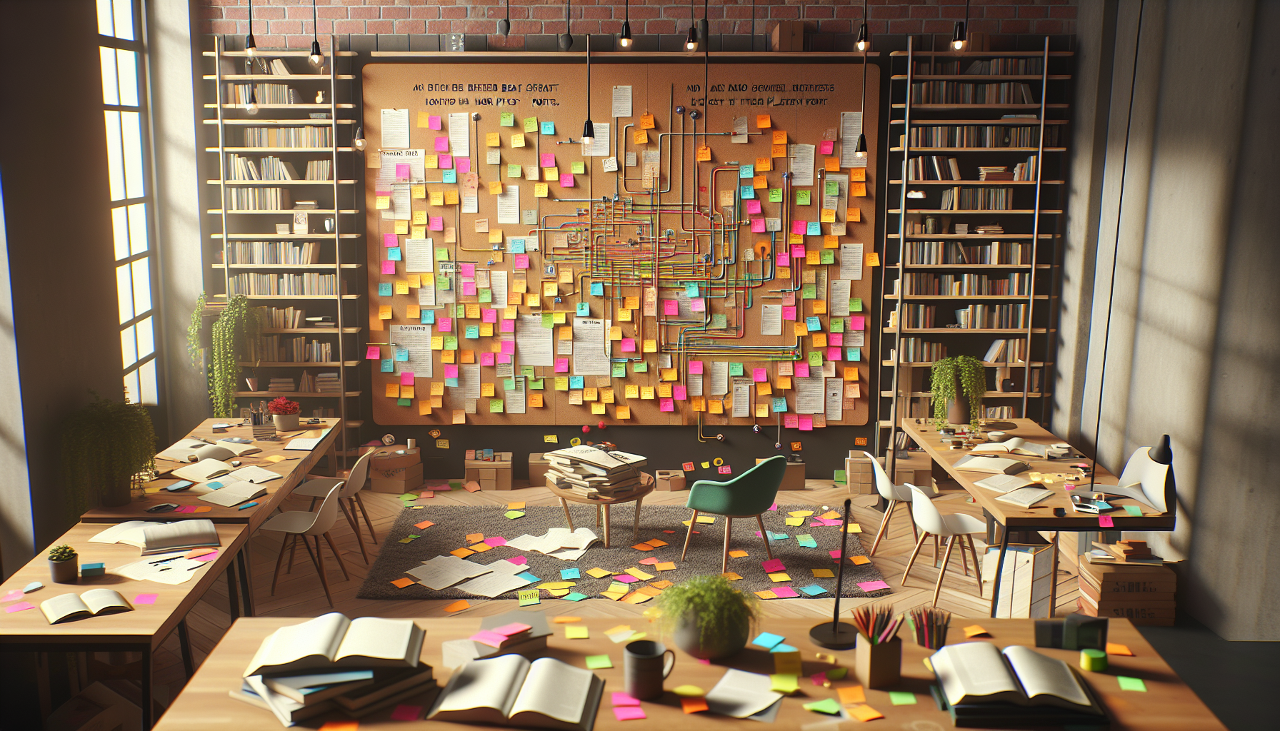 An artist's studio filled with open books, colorful post-it notes, and a large cork board displaying the detailed beat sheet for 'The Authenticity Project' novel, with scribbles and notes linking the