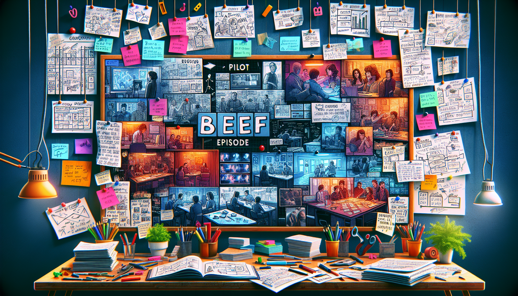 An artistic visualization of a detailed TV beat sheet for the pilot episode of a television show titled 'Beef', featuring key plot points, character arcs, and dramatic moments, all depicted within the