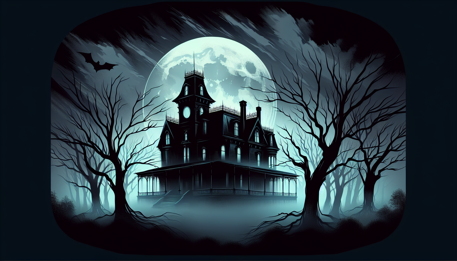 An eerie, fog-covered Victorian mansion at dusk, with silhouettes of bare trees and an ominous full moon, subtly illuminating the scene with a ghostly glow, creating a sense of foreboding and isolatio