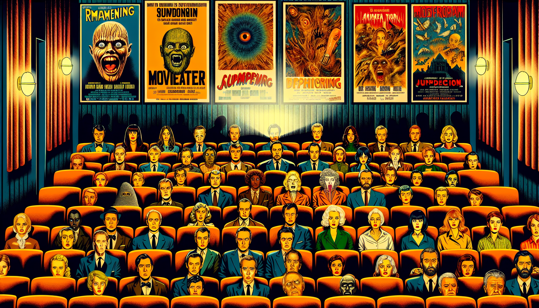 A vintage movie theater showcasing posters of iconic horror films with subtle social messages, inside a room filled with diverse viewers reacting differently: some look terrified, others contemplative