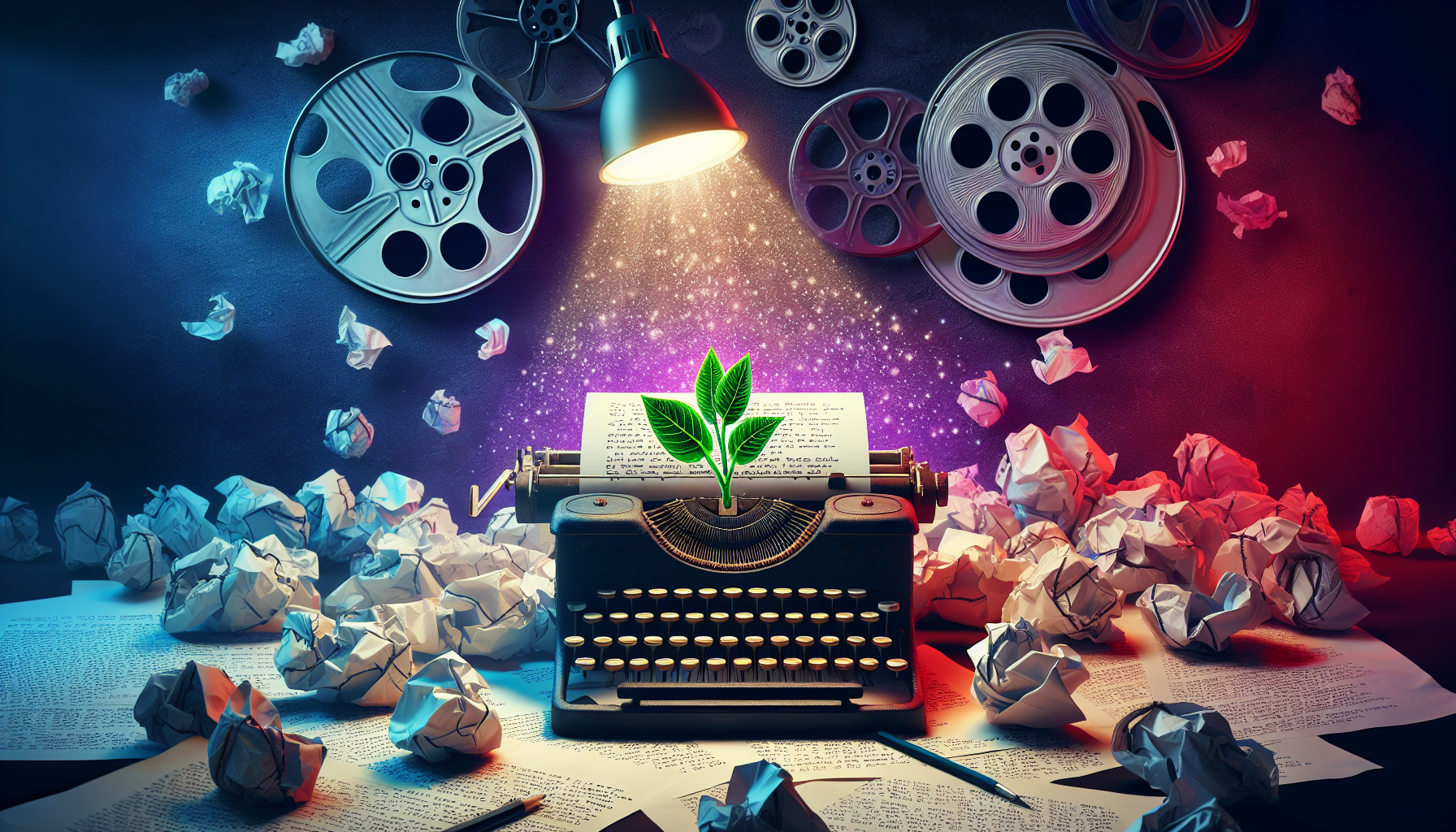 A vintage typewriter surrounded by crumpled paper under a spotlight, with a budding plant growing out of an open screenplay, set against a backdrop of movie reels and scripts.