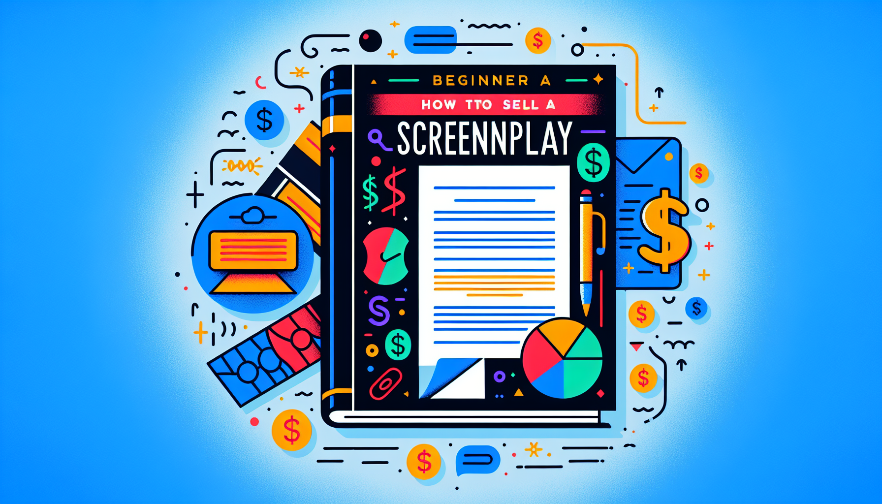 Illustrate a modern and colorful cover for a beginner's guide on how to sell a screenplay. The image should include symbols related to screenplays and selling – like a pristine script, a shiny dollar sign or a metaphorical representation of selling. Make it enlightening and inviting for novices, but remember to keep it text-free.