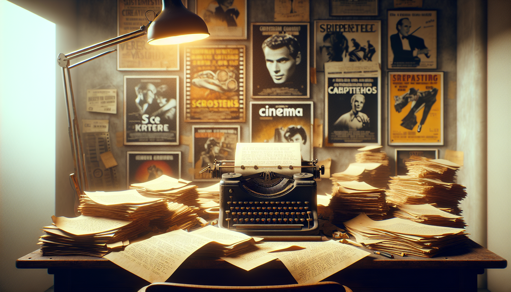 A vintage typewriter on an old wooden desk, surrounded by scattered pages of film scripts, framed by soft golden lighting; in the background, a wall filled with movie posters from iconic films credite