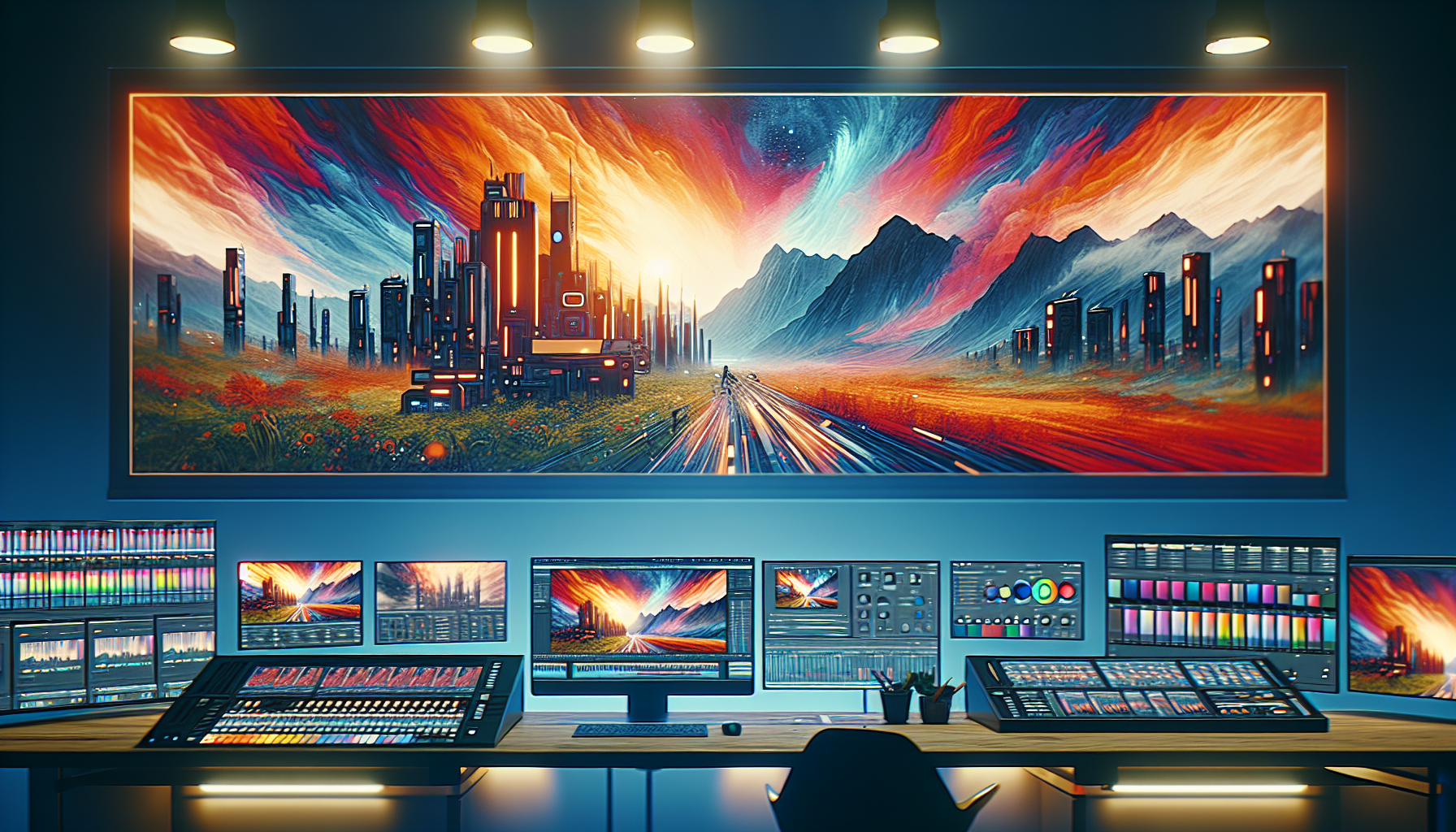 Detailed digital artwork of an artist using Blackmagic DaVinci Resolve 19 on a futuristic computer setup, showcasing the new AI Neural Engine tools and vibrant color grading on multiple monitors in a