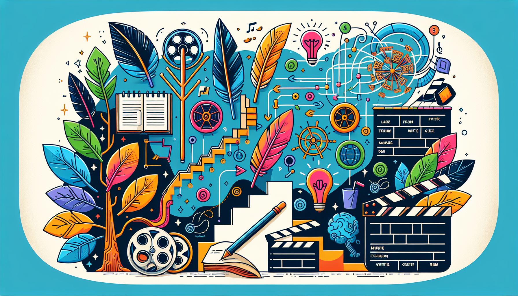 Create a colorful and modern illustration that visually symbolizes the enhancement of screenwriting skills. The image could include elements like scripts, film reels, a feather quill to represent writing, a clapperboard, and creative brainstorming tools such as mind maps or flowcharts. Remember to incorporate elements that suggest progression or improvement, such as a staircase, a tree growing, or an upward trending graph.