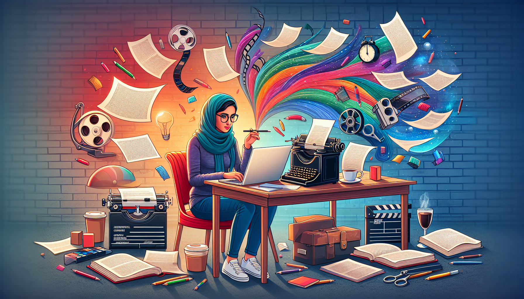 A modern and colorful illustration capturing the essence of a beginner's journey into the screenwriting industry. The scene may include a young Middle-Eastern woman sitting at a creative workspace, surrounded by scripts, a vintage typewriter, a glowing laptop, a film clapper, and a steaming cup of coffee. Alluding to creativity, the environment can be imbued with a rainbow of colors, including the paper and the burst of imaginative ideas represented as colorful wisps emanating from the screenplay. The illustration will be image only with no accompanying text.