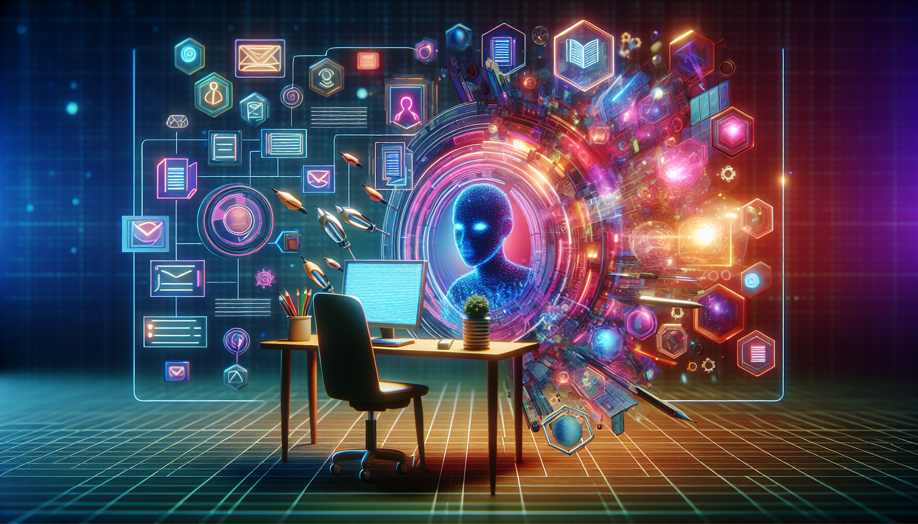 A vibrant and modern illustration showing a futuristic setting where artificial intelligence plays a major role in scriptwriting. Depict a computer or an AI device at a desk, surrounded by floating holographic screens displaying abstract concepts of scriptwriting, storytelling elements like character arcs, plotlines and dialogues. Emphasize the blending of technology and the creative process in this exploration of future scriptwriting.