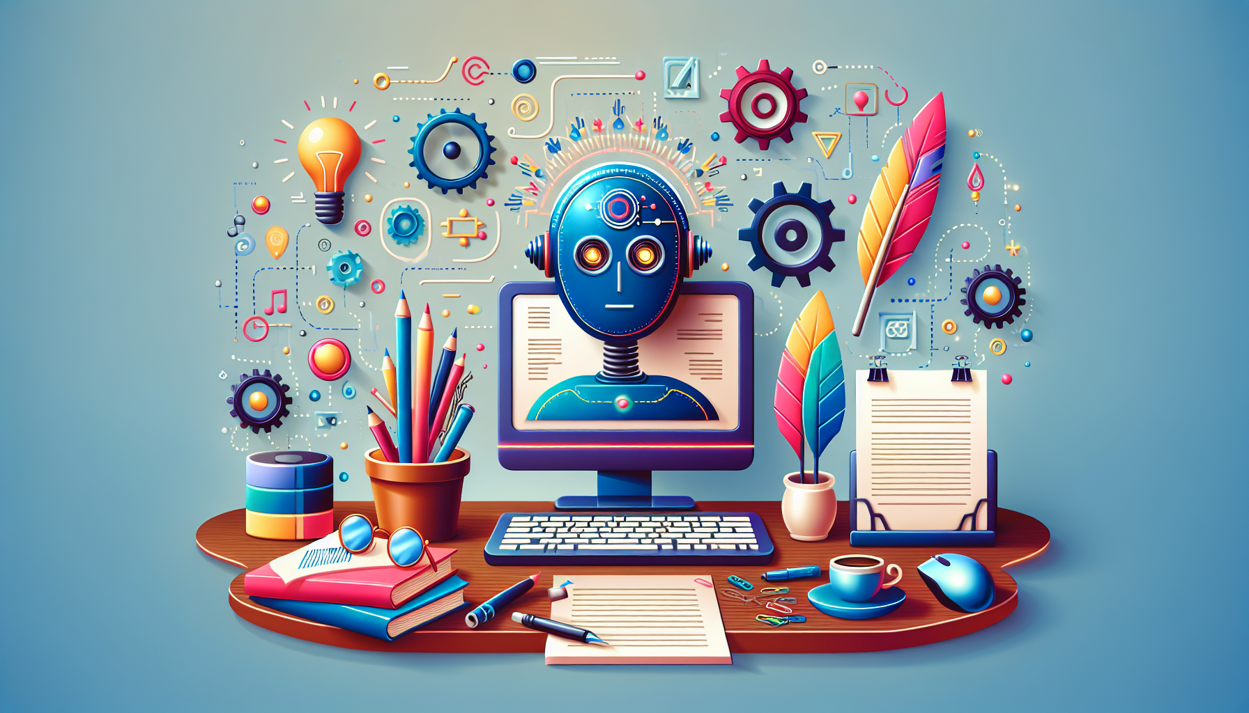 Create a colorful, modern image representing the concept of artificial intelligence writing screenplays. The scene can have a futuristic computer or robot, placed near a writing desk with various screenwriting tools such as a script, a feather pen, and inkwell, symbolizing traditional scriptwriting. Also, include symbols of creativity, such as a light bulb or a cogwheel, to show AI's creative capabilities.