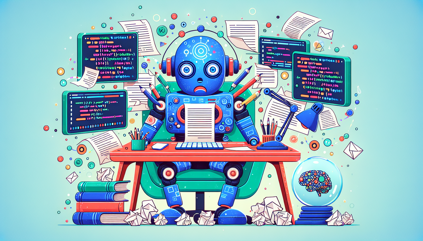 A colorful and modern illustration depicting the challenges in AI-Driven Screenwriting. The scene might include a AI robot sitting at a desk with scrunched up paper and digital screens floating around it, displaying a mixture of code and screenplay text. A crystal ball on the desk could hint at the future potential of AI in screenwriting. The robot might be wearing a confused expression, symbolizing the difficulties