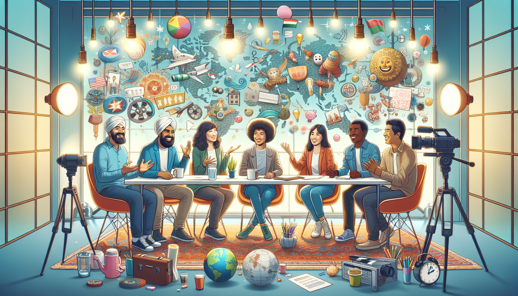 A colorful roundtable discussion with diverse filmmakers from different countries, each sharing ideas and scripts for comedy films, represented by visible cultural symbols and humorous elements, in a
