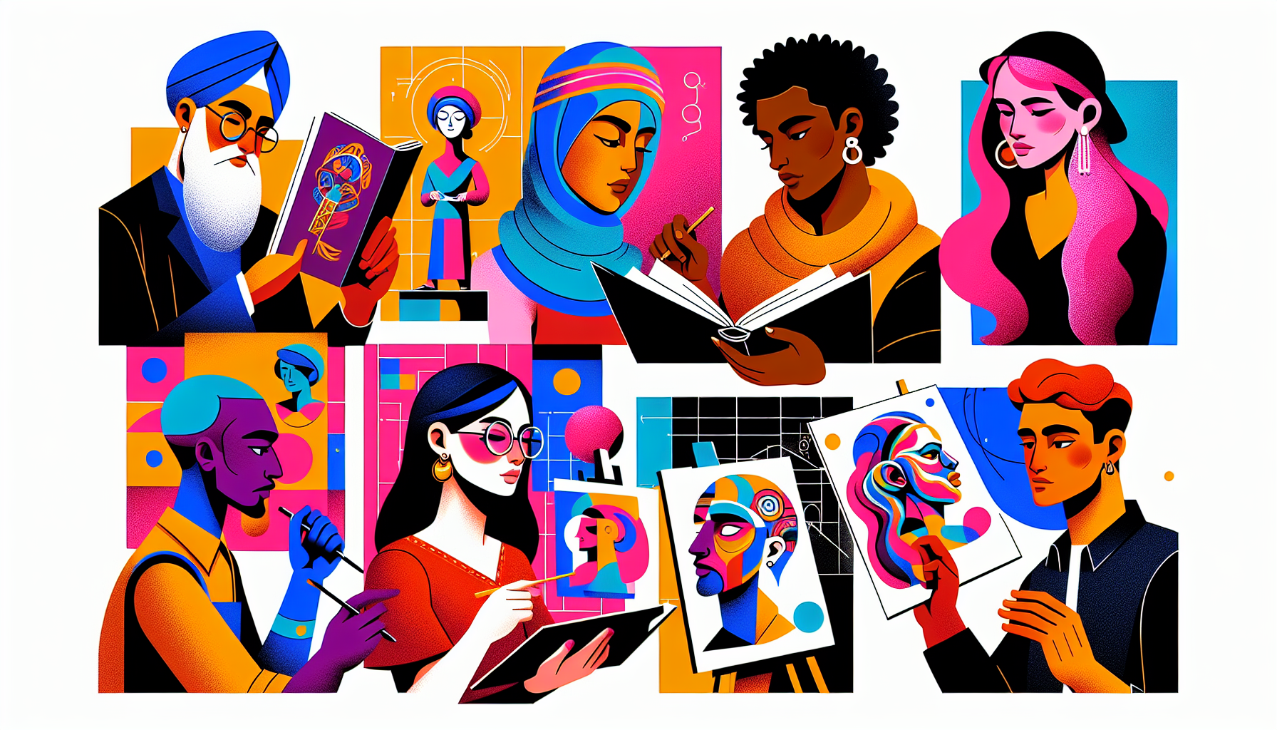A vibrant and contemporary illustration of several unique characters interacting with each other. Each character should distinctly portray different descents and genders. Perhaps there could be a Middle-Eastern woman reading a book on character development, a Caucasian man sketching a character concept on a canvas, a Black woman examining a clay sculpture of a character, an East Asian man thoughtfully looking at a character blueprint, and a Hispanic man animating a character on a digital tablet. Fill the illustration with colors that are bold and pop, while keeping it modern in style.