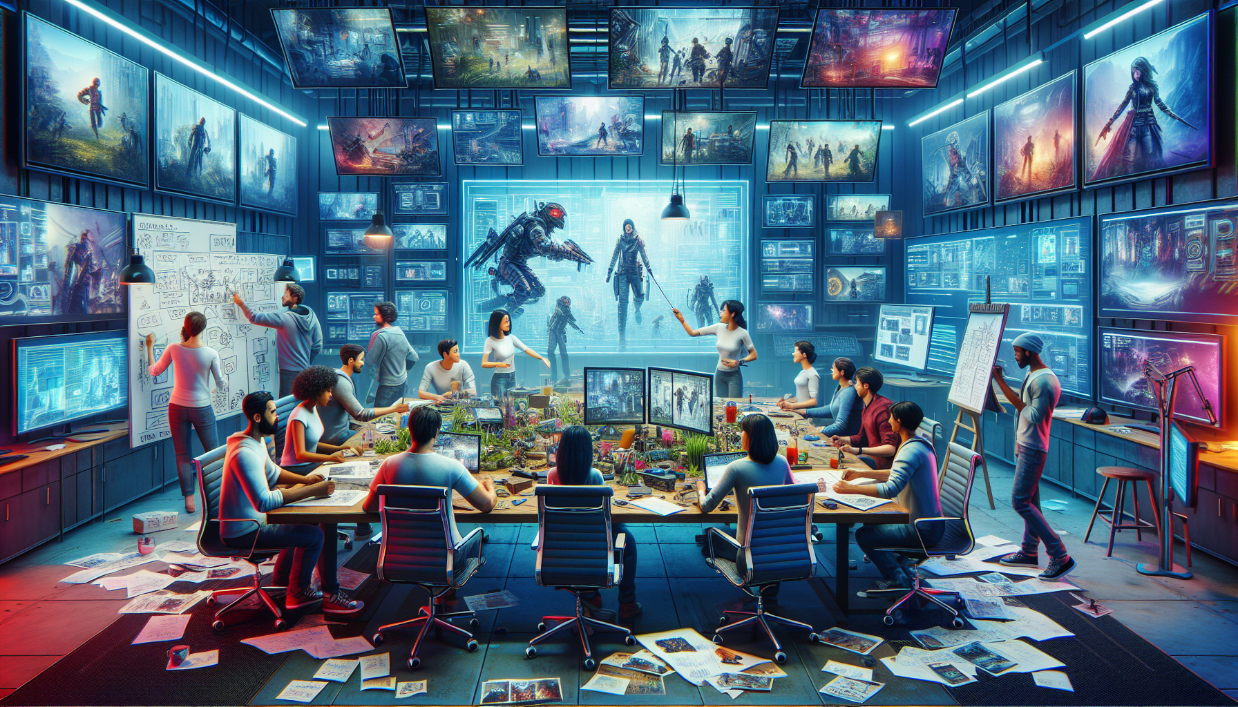 A creative meeting in a modern office, with diverse group of video game developers brainstorming and sketching out a detailed screenplay, surrounded by monitors displaying scenes from various video ga