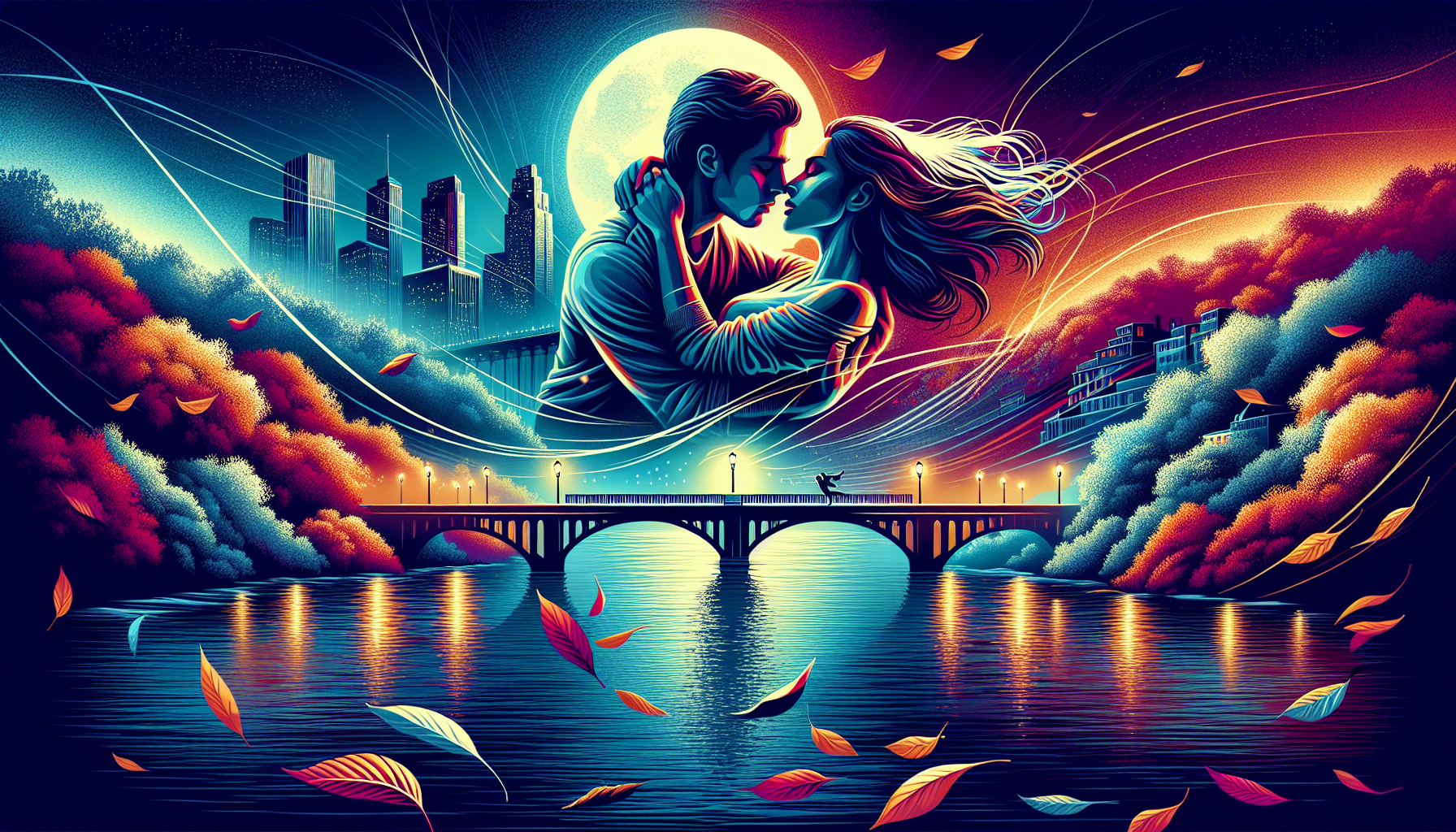 An artistically rendered movie set for a deep romance film, depicting a night scene on a picturesque bridge with soft, ambient lighting. A couple stands in the middle, locked in an emotional embrace,