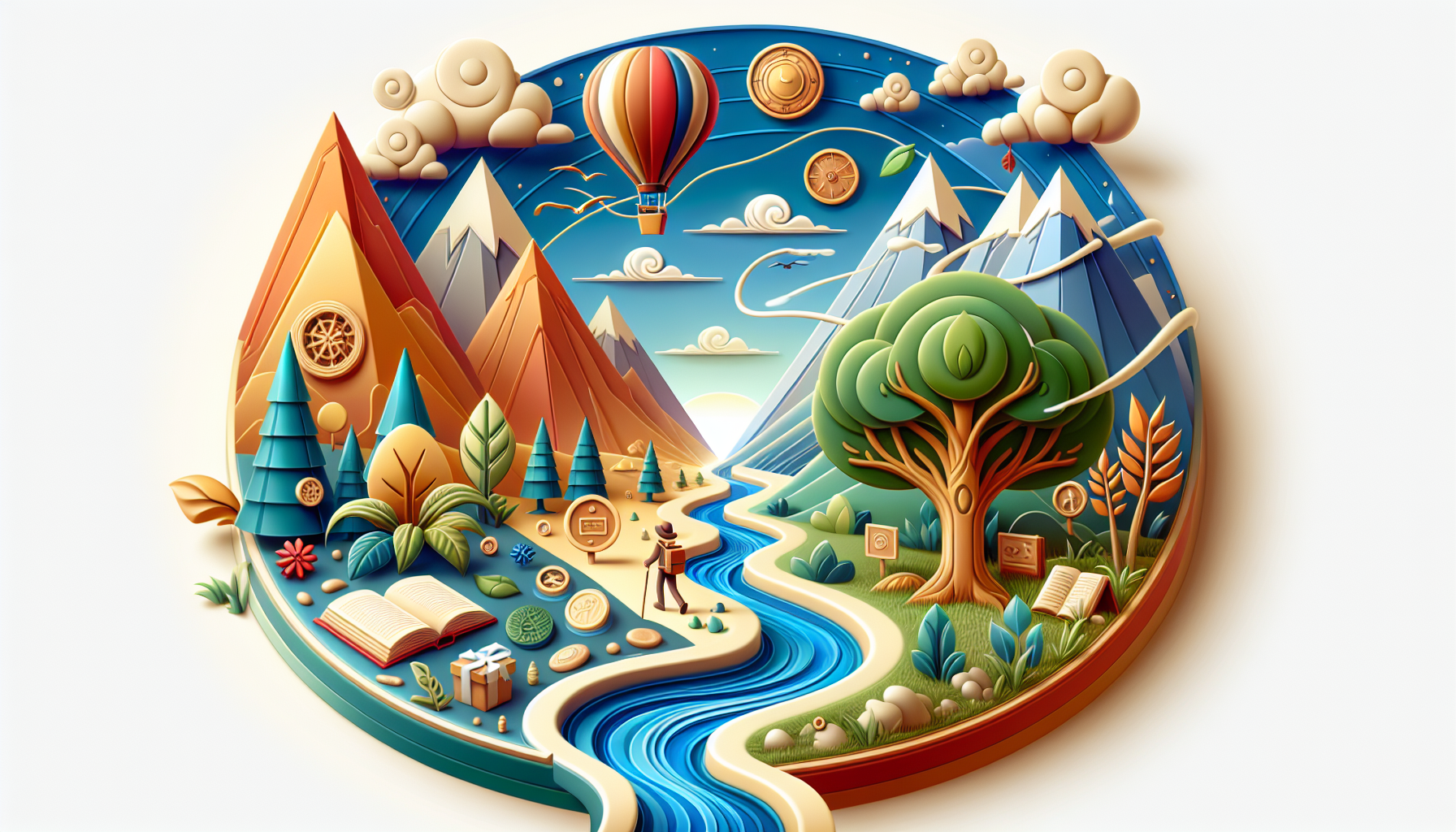 Render a vivid and contemporary illustration encapsulating the spirit of an animated journey imbued with character development. The picture should carefully balance elements of high-spirited adventure – mountains, rivers, forests, a hovering air balloon, and a trail that signifies progress. Along this trail should be symbolic items representing different stages of character growth: a small seedling sprouting into a mighty tree, a closed book to an open one, etc. This visual narrative should be presented in an array of vibrant, inviting colors to reflect its modern style. No text should be included.