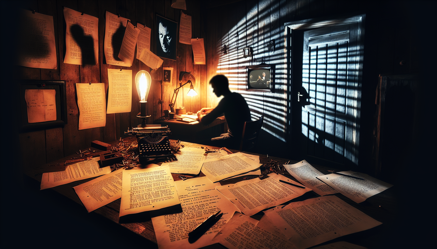 A dimly lit room with scattered pages of screenplay text on a wooden table, highlighting psychological concepts and notes. Eerie shadows dance on the walls, and in the background, a projector displays