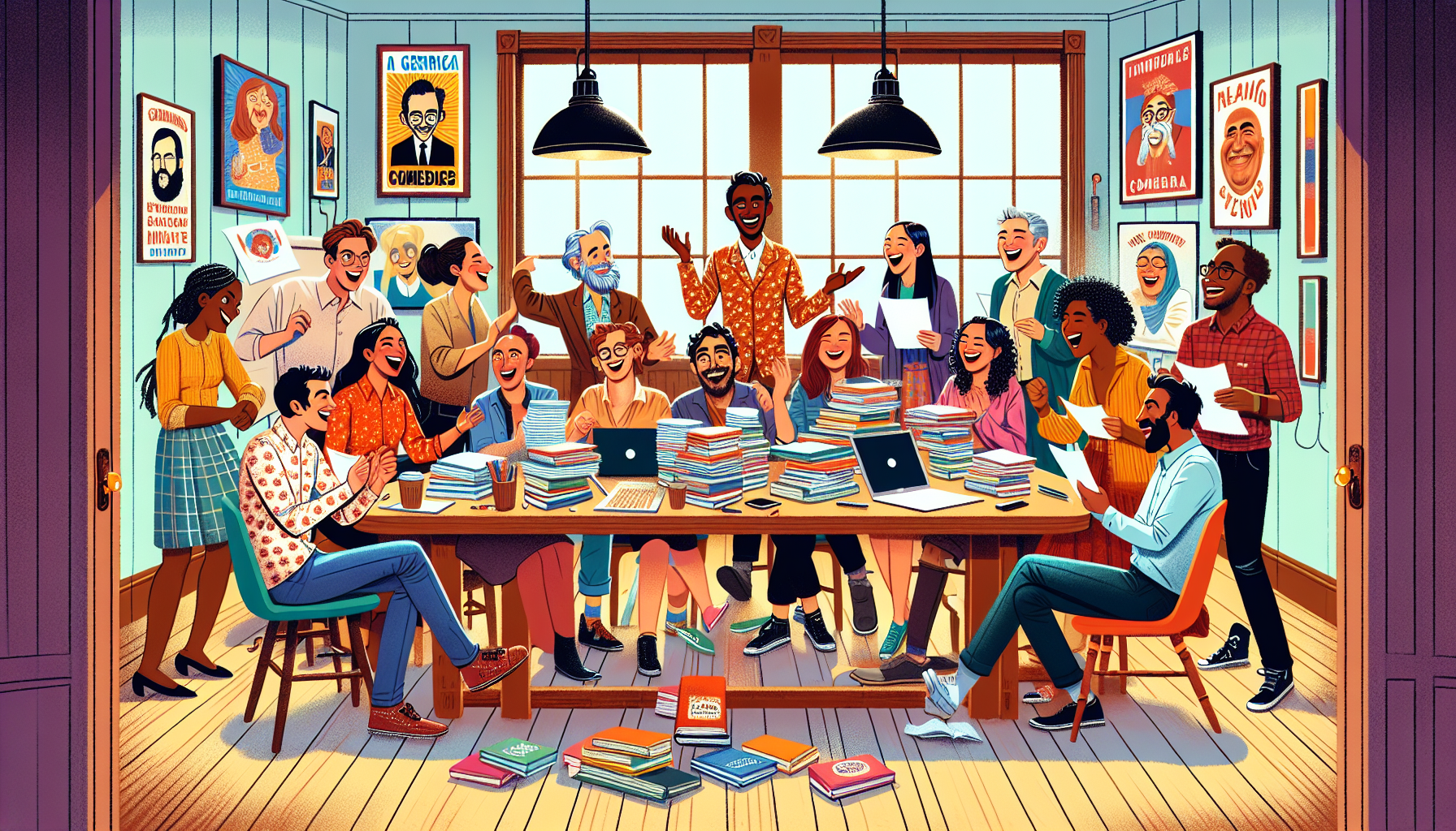 A vibrant, whimsical illustration of a diverse group of people sitting around a large, wooden table filled with papers and laptops, laughing and brainstorming together in a cozy, book-lined room with