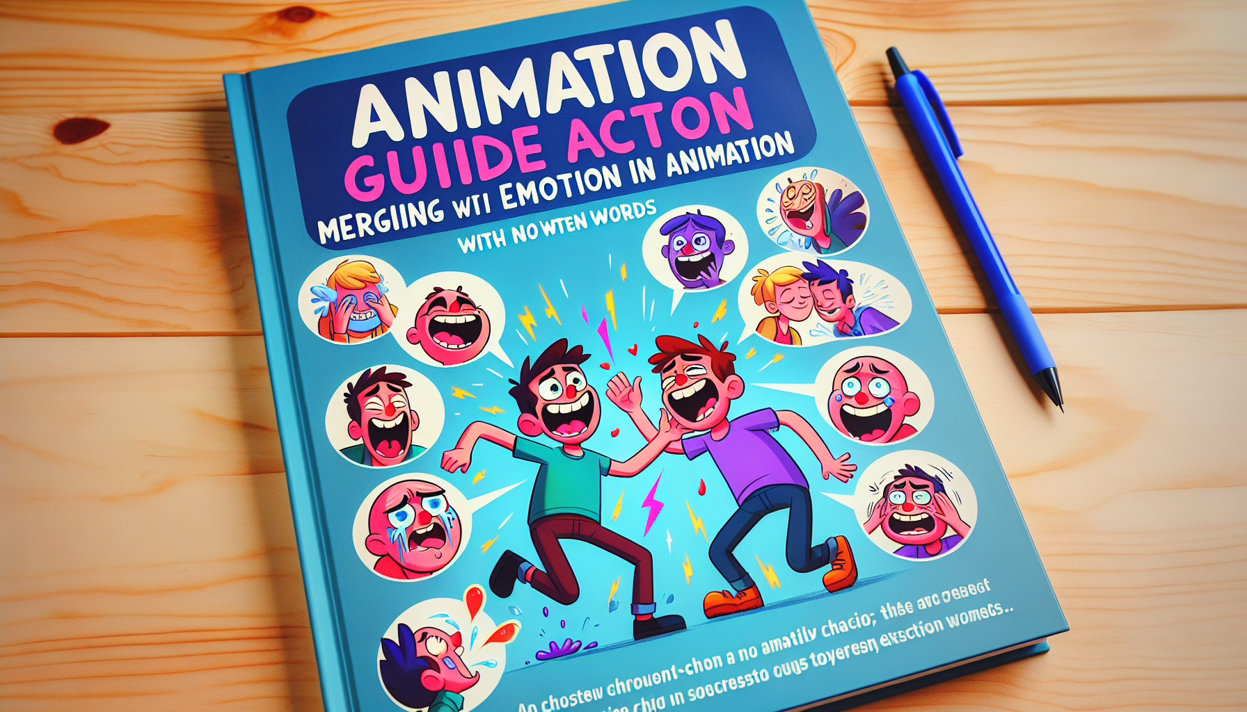 Create an image of an animation guide book. The book's cover is full of vibrant pops of colors to signify its modern approach. It should visually depict the idea of merging humor with emotion in animation with no written words. For instance, illustrate two cartoon characters engaging in a dialogue - one character is visibly joyous (symbolizing humor), while the other is emotionally touched (expressing emotion). The characters should be creatively designed showing evident actions - the humorous character might be laughing exuberantly while the emotional character might be shedding a tear of joy or awe.