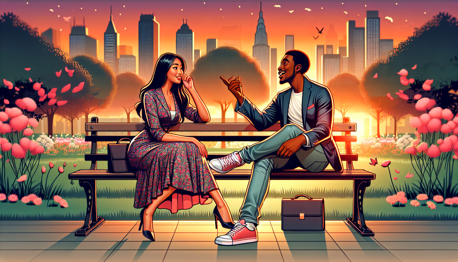 An artistic representation of two fictional characters, a man and a woman, sitting on a park bench during sunset, deeply engrossed in conversation. The man, an African American, is dressed smartly in