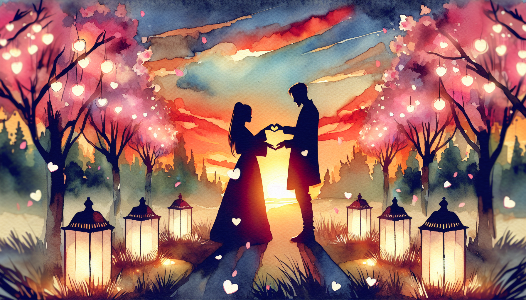 An idyllic park scene depicted in a watercolor style, where a couple romantically shapes heart symbols with their hands against a sunset backdrop, surrounded by softly glowing lanterns and falling che