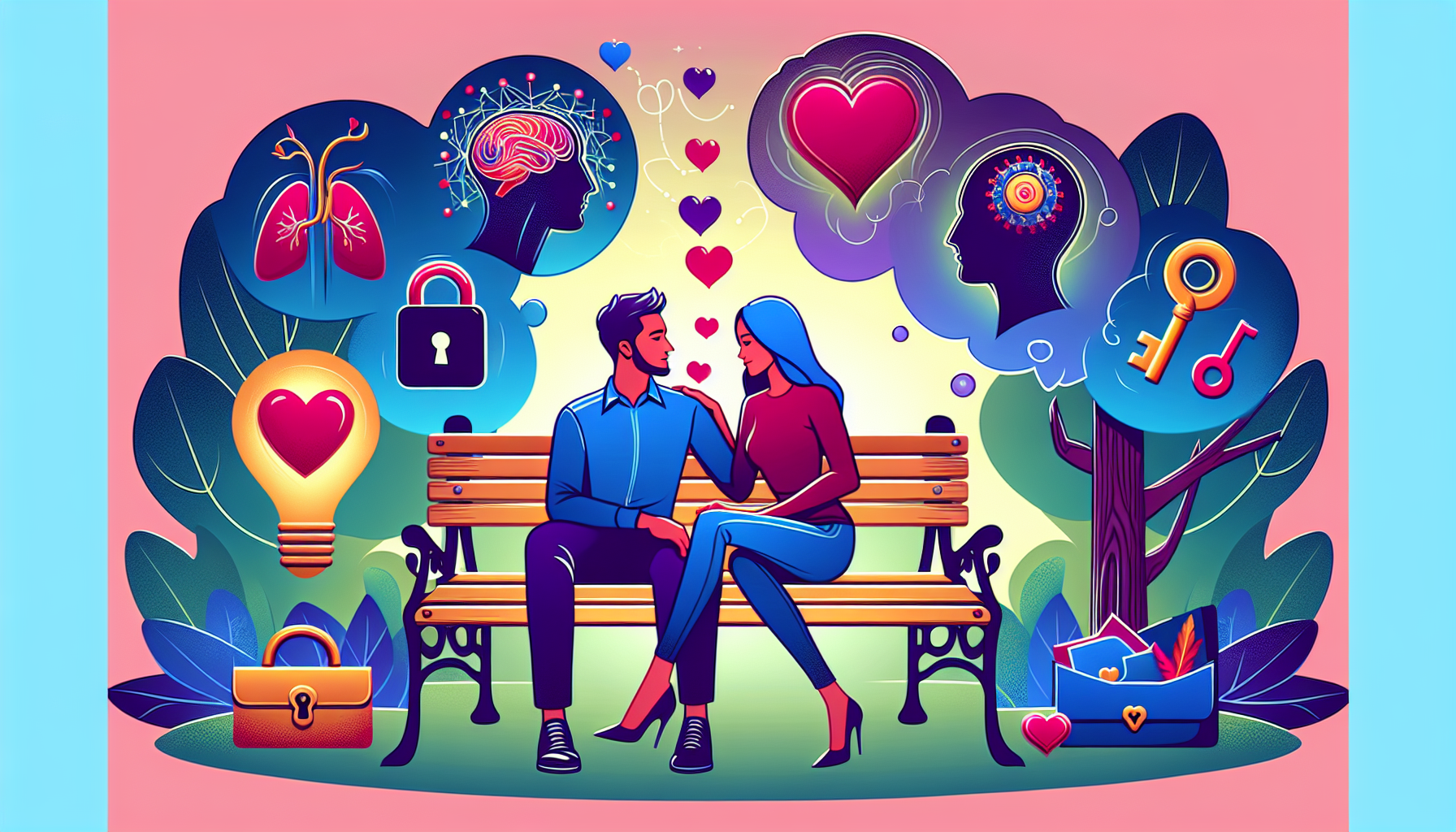 Illustrate a romantic scene highlighting the concepts of psychology in a captivating love story. Create the image in a modern style, replete with vibrant, eye-catching colors. Imagine two distinct characters displaying actions that suggest the intricate psychology behind love and attraction. For instance, they could be comfortably seated on a cozy park bench, whispering sweet nothings to each other, while subtle visual cues around them suggest different psychological aspects. A thought bubble might reveal a character's deepest thoughts or fears about love, for instance. To symbolize the concept of romance, there could be symbolic visual elements like a heart-shaped lock or a pair of crossed keys.