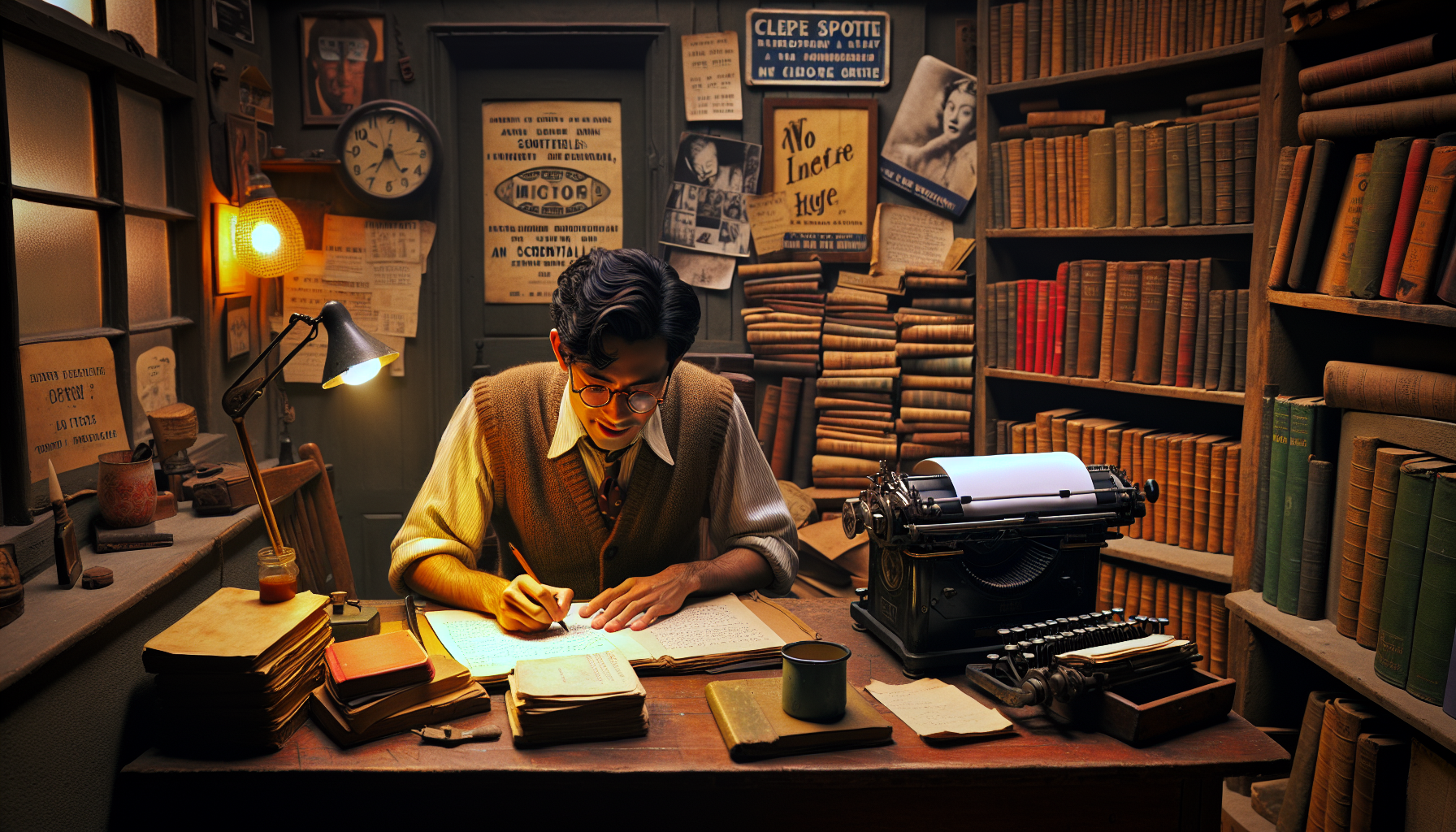 A cozy, dimly-lit writer's room with a person sitting at an antique wooden desk, surrounded by stacks of screenplay scripts and an old typewriter. The walls are lined with bookshelves filled with film