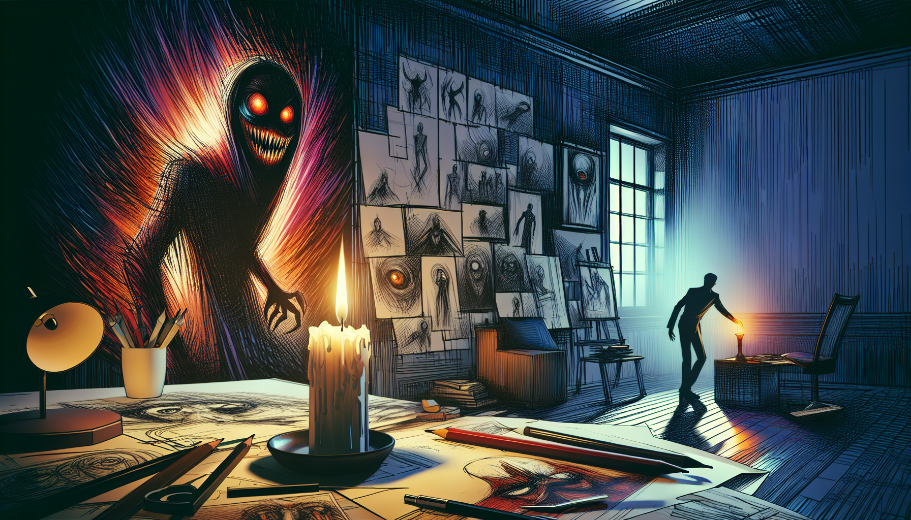 An artist's studio filled with sketches and notes on creating the ultimate horror villain, illuminated by the eerie glow of a single candle, with shadowy figures lurking in the background.