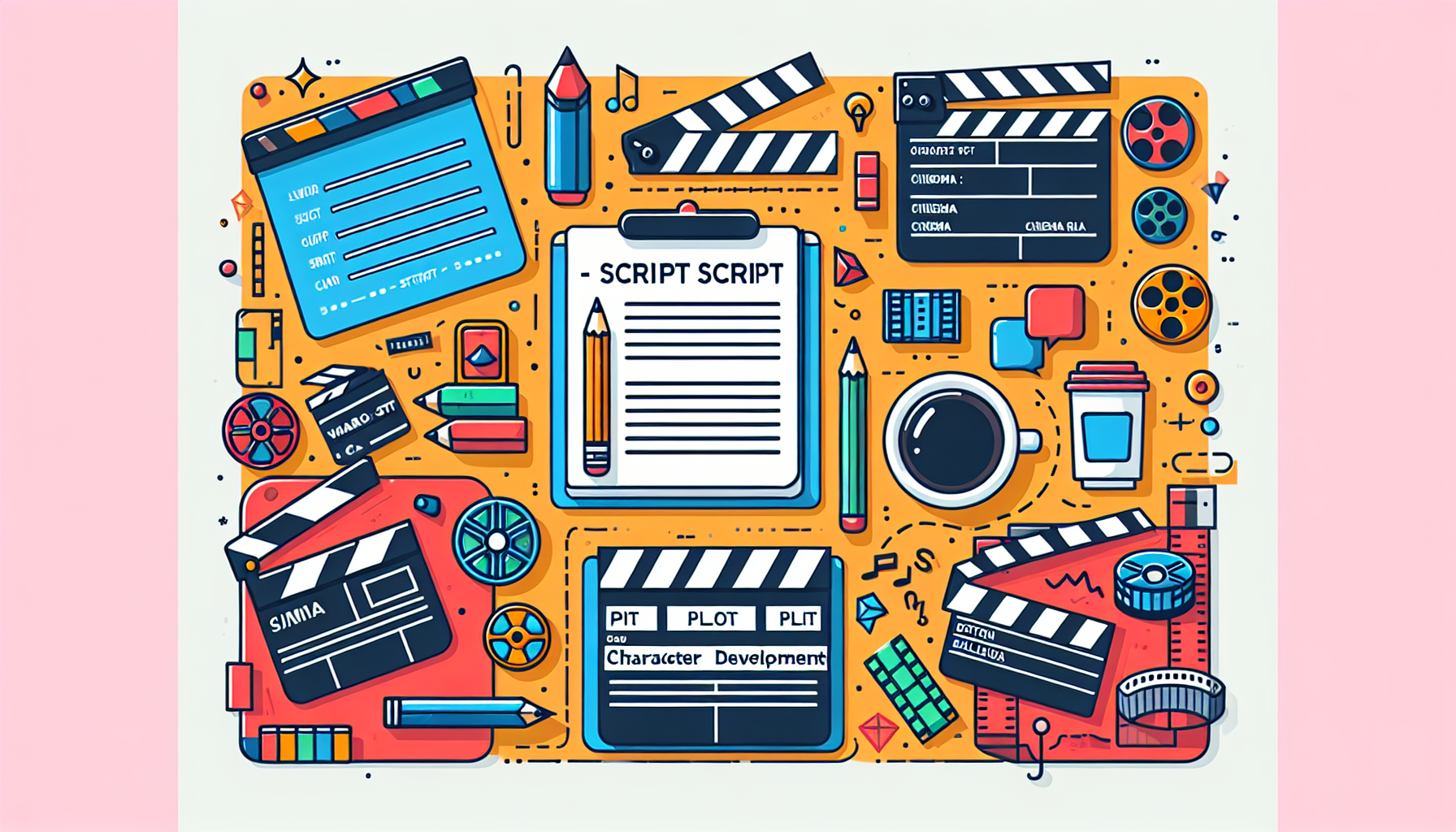 Create a colorful and modern graphical representation of a beginner's guide to crafting a short film script. Feature a clean desk setup with a desktop, a notepad with a pencil on it, a clapperboard, cinema rolls, and a coffee mug. Show various components of script writing such as character development, plot, dialogue, and formatting. Have each of these sections visually divided for clarity. Include creative and vivid color usage to make the illustration lively and pleasing to the eye.
