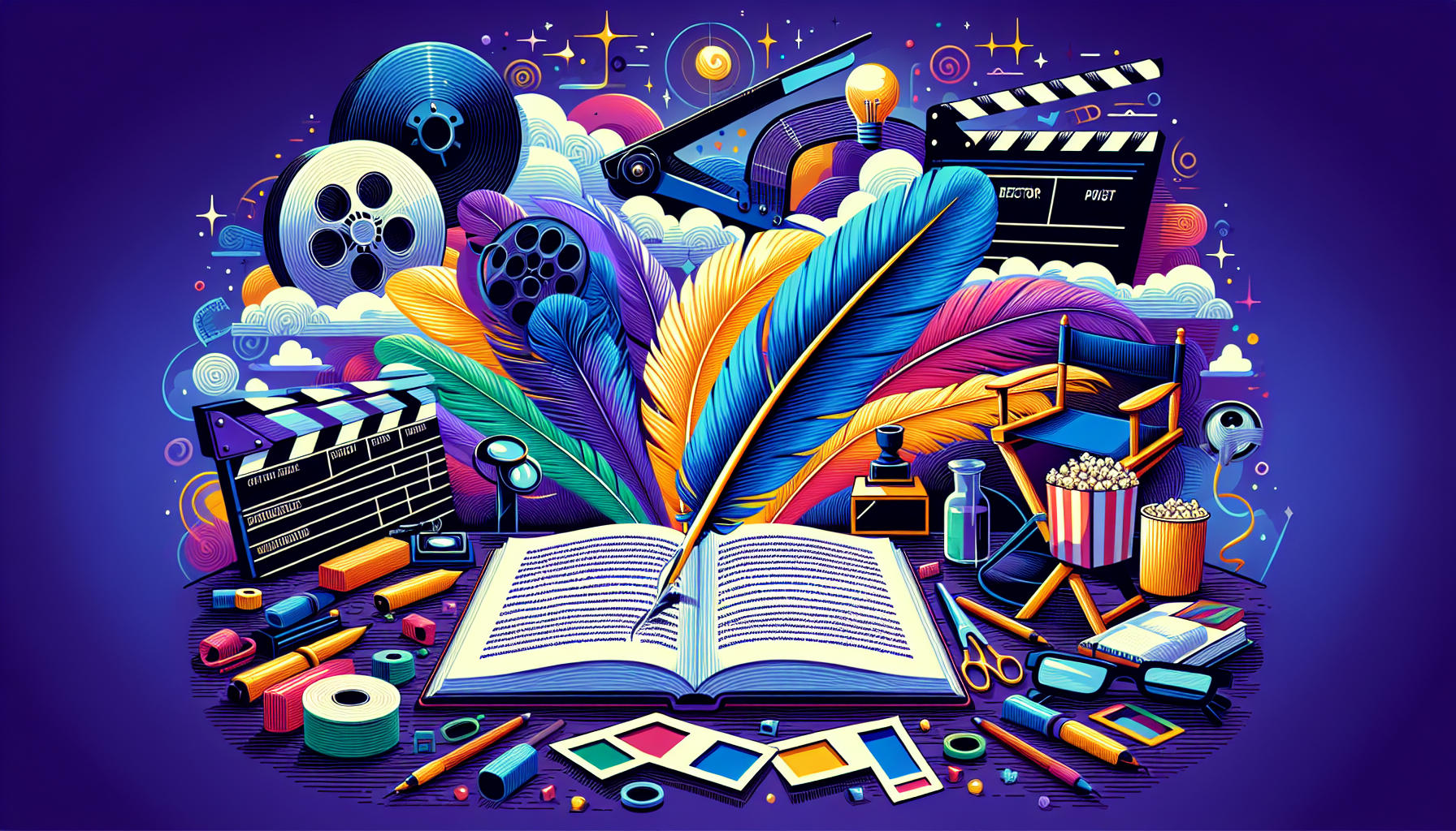 Illustration that adopts a modern and colorful aesthetic, interpreting the concept of crafting a captivating screenplay. Picture a desk scene with an open script, a feather quill poised above it. To provide context, feature various filmmaking tools like a clapperboard, a director's chair, and a film roll. A popcorn bucket and 3D glasses could gesture to the magic of movie viewing. Add an open book titled 'Essential Tips' on one corner. The scene could be bathed in colors of inspiration: rich blues, striking purples, illuminating yellows.