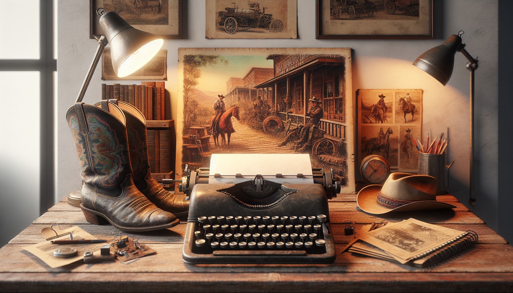 A vintage typewriter on a rustic wooden desk with a screenplay manuscript titled High Noon Redemption, surrounded by old western movie posters, a cowboy hat, and a pair of worn leather boots, set in a