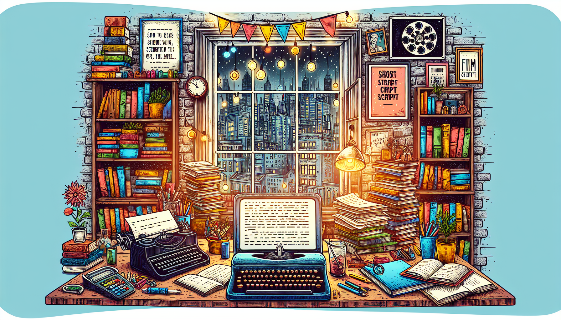 A whimsical writer's workspace filled with stacks of screenplays, a vintage typewriter, overflowing bookshelves, an open laptop displaying a scriptwriting software, inspirational film posters on the w