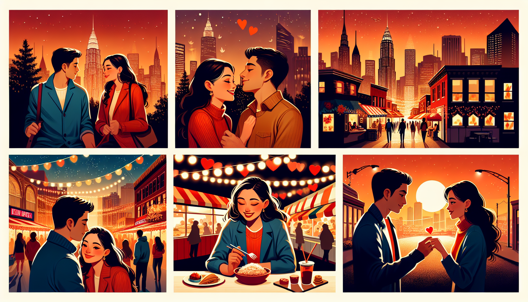 Illustration only depicting a warm, modern, and colorful portrayal of everyday life as inspiration for a romance movie. The image could include moments like a man from South Asian descent and a woman of Hispanic descent locking eyes for the first time in a busy city park, a heart fluttering first date at a vibrant, bustling street food market, the exchanging of sweet notes, and cozy nights in while the city lights sparkle outside. These moments should capture the essence and emotion of modern romance weaved seamlessly into the fabric of daily life.