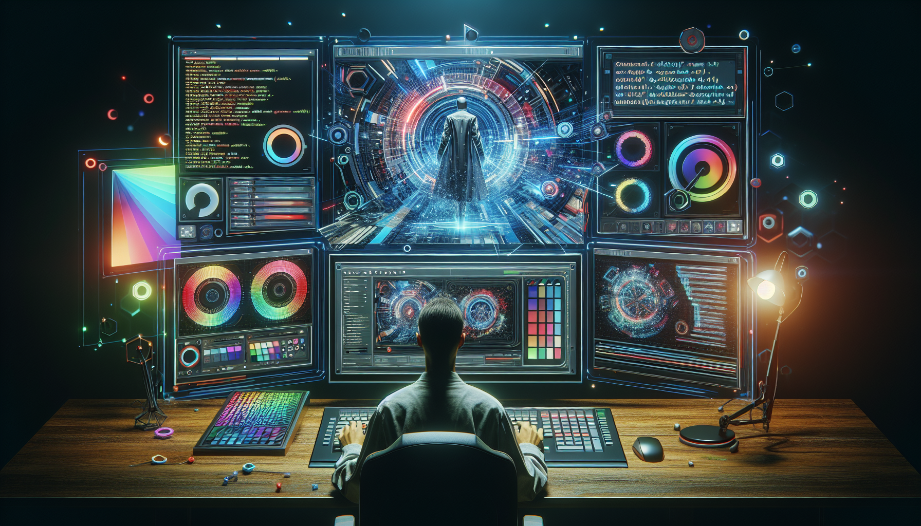 A futuristic digital artist using DaVinci Resolve 19 on a multi-screen setup in a dimly lit studio, the screens displaying advanced AI neural engine tools and colorful grading palettes, with a hologra