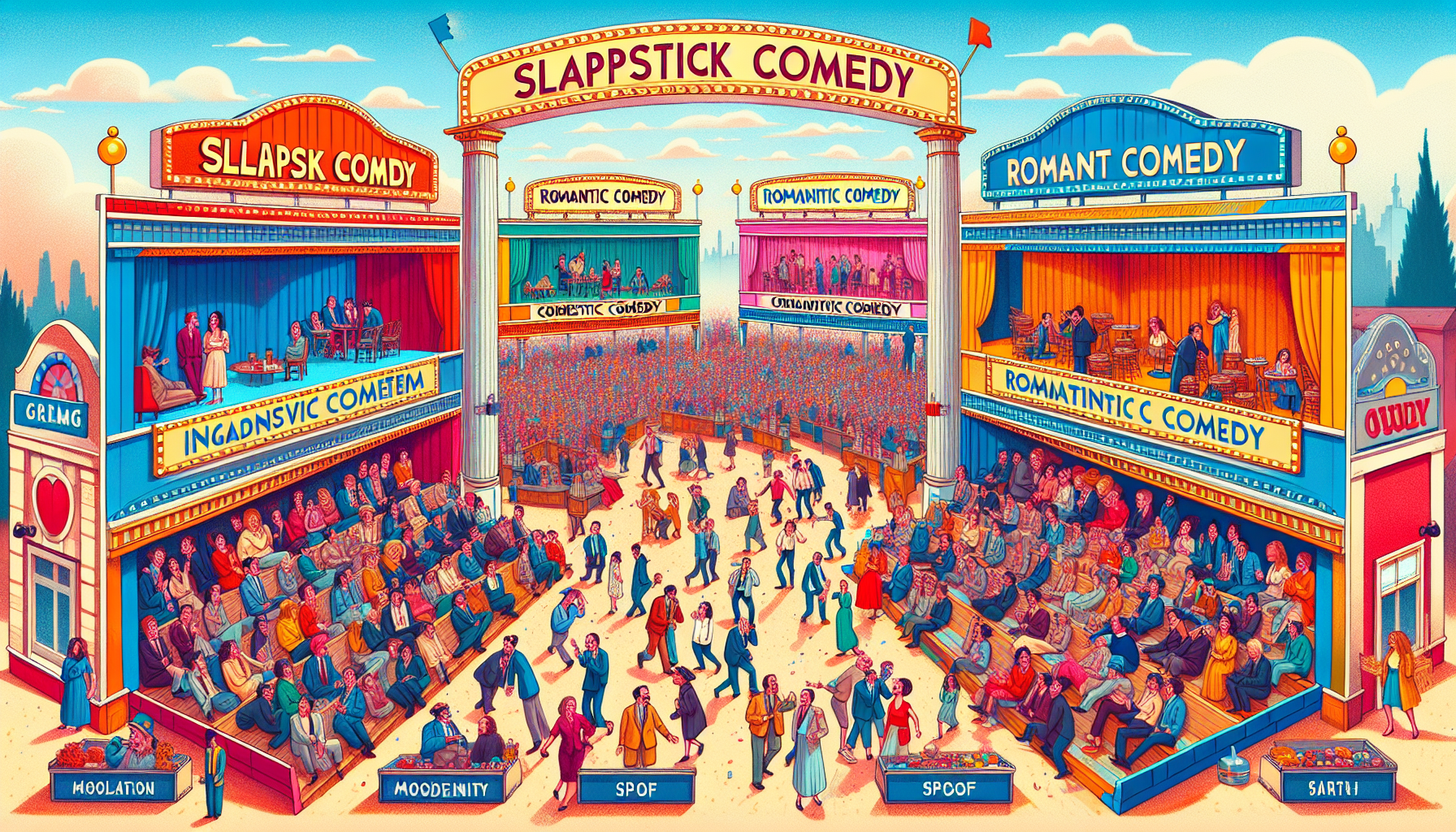 A whimsical, vibrant illustration of a bustling outdoor cinema with distinct areas themed around different comedy subgenres: a slapstick section with oversized props, a romantic comedy area with a coz