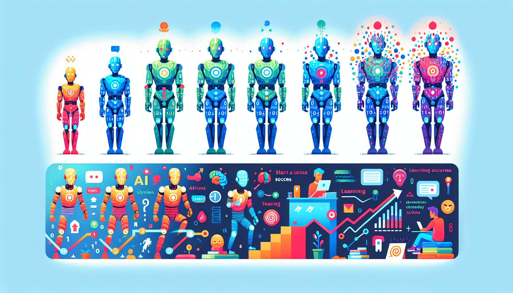 Create an illustration depicting a digital AI character evolving and developing over time in a colorful and modern style. Showcase different stages of its growth - emerging from a basic binary digit form, slowly gaining complexity, interacting with various digital environments, starting to show signs of emotions, learning from successes and failures until finally reaching a peak where it possesses a rich, well-developed character. Use vibrant colors to represent its progression. All aspects of the image must strictly be in visual symbols and signs, no textual content should be present.