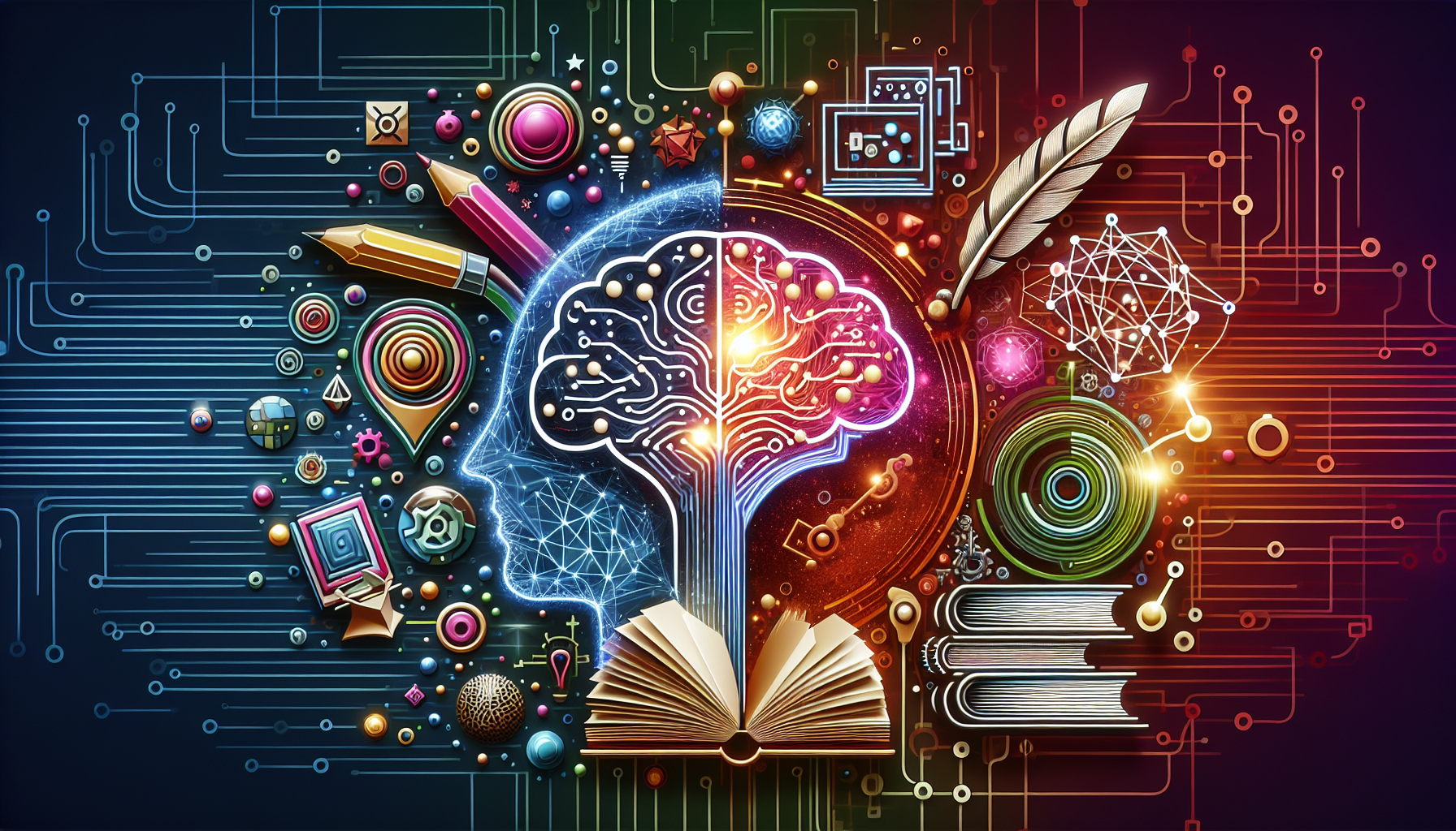 An engaging image that visualizes the role of artificial intelligence in story and plot development. The image should be vibrant, modern, and devoid of any textual elements. It could include an abstract symbolization of an AI, perhaps a brain with circuits, and symbolic representations of classic plot elements such as a stack of books, a quill, or a theatre mask. The images should intersect in a harmonious way that suggests integration and interaction, possibly showing the AI enhancing or transforming these classic plot elements.